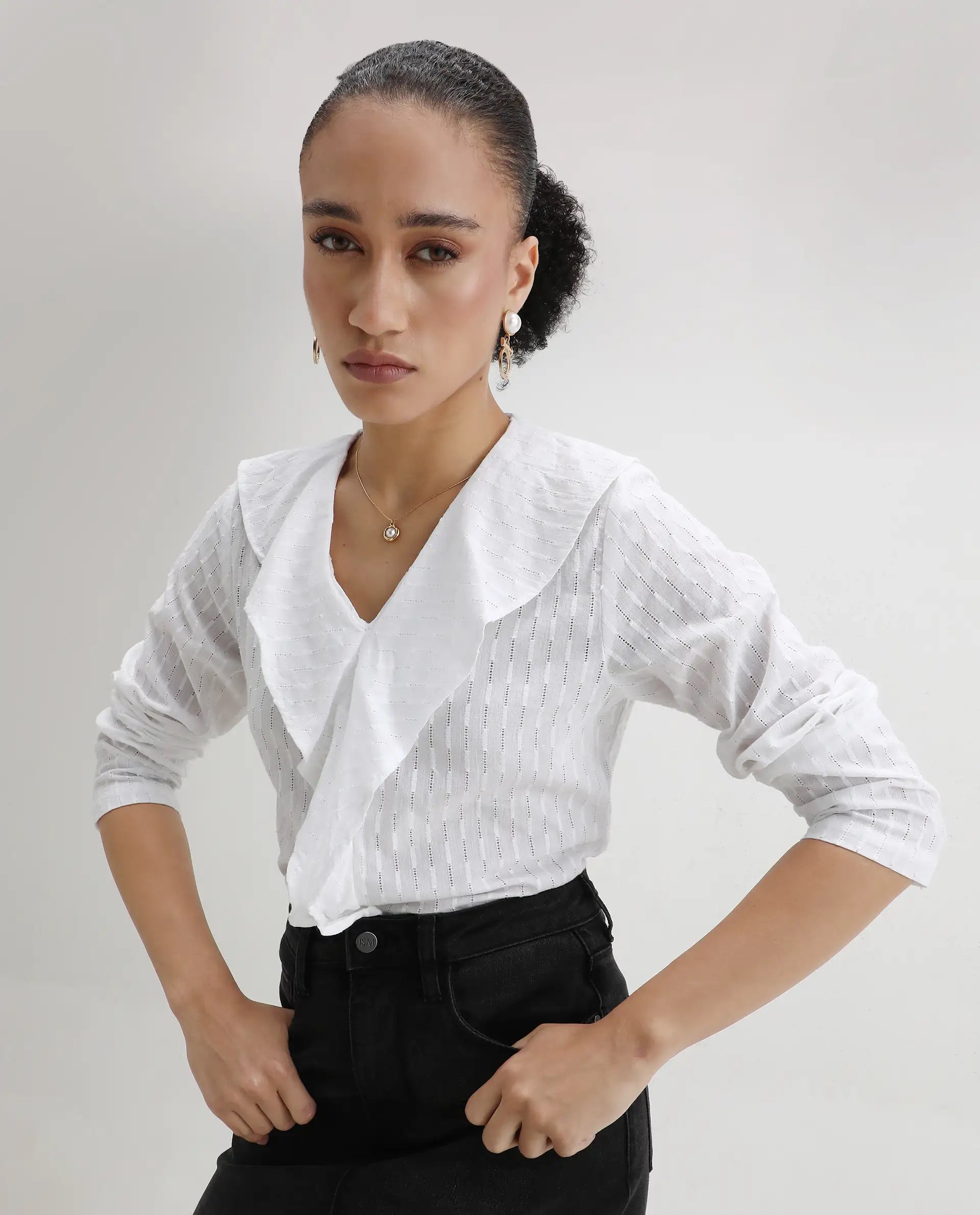 Rareism Women's Bowez White Cotton Ruffled Neck Plain Regular Fit Top