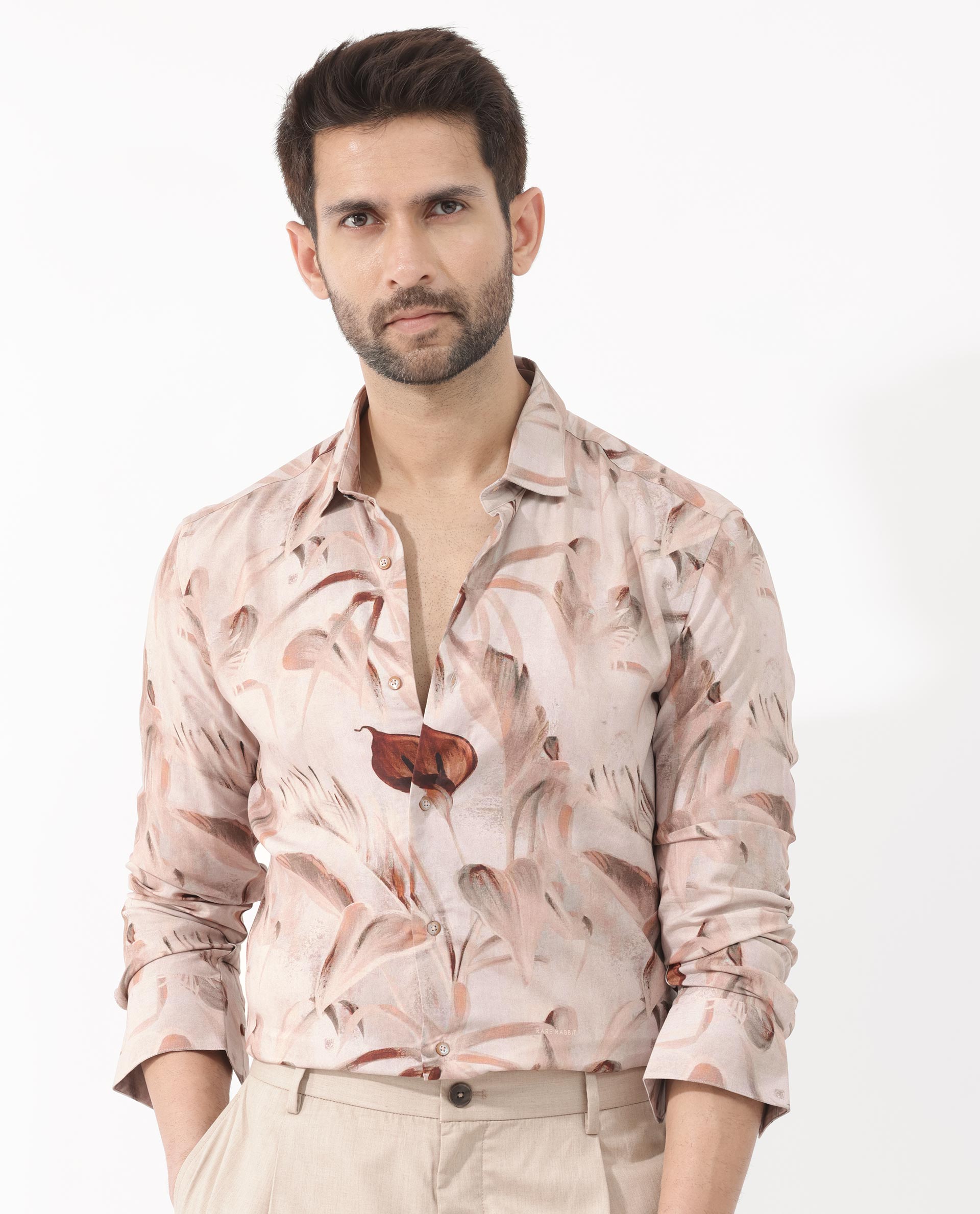 Rare Rabbit Men's Bowon-LS Light Brown Cotton Fabric Full Sleeves Tropical Print Shirt