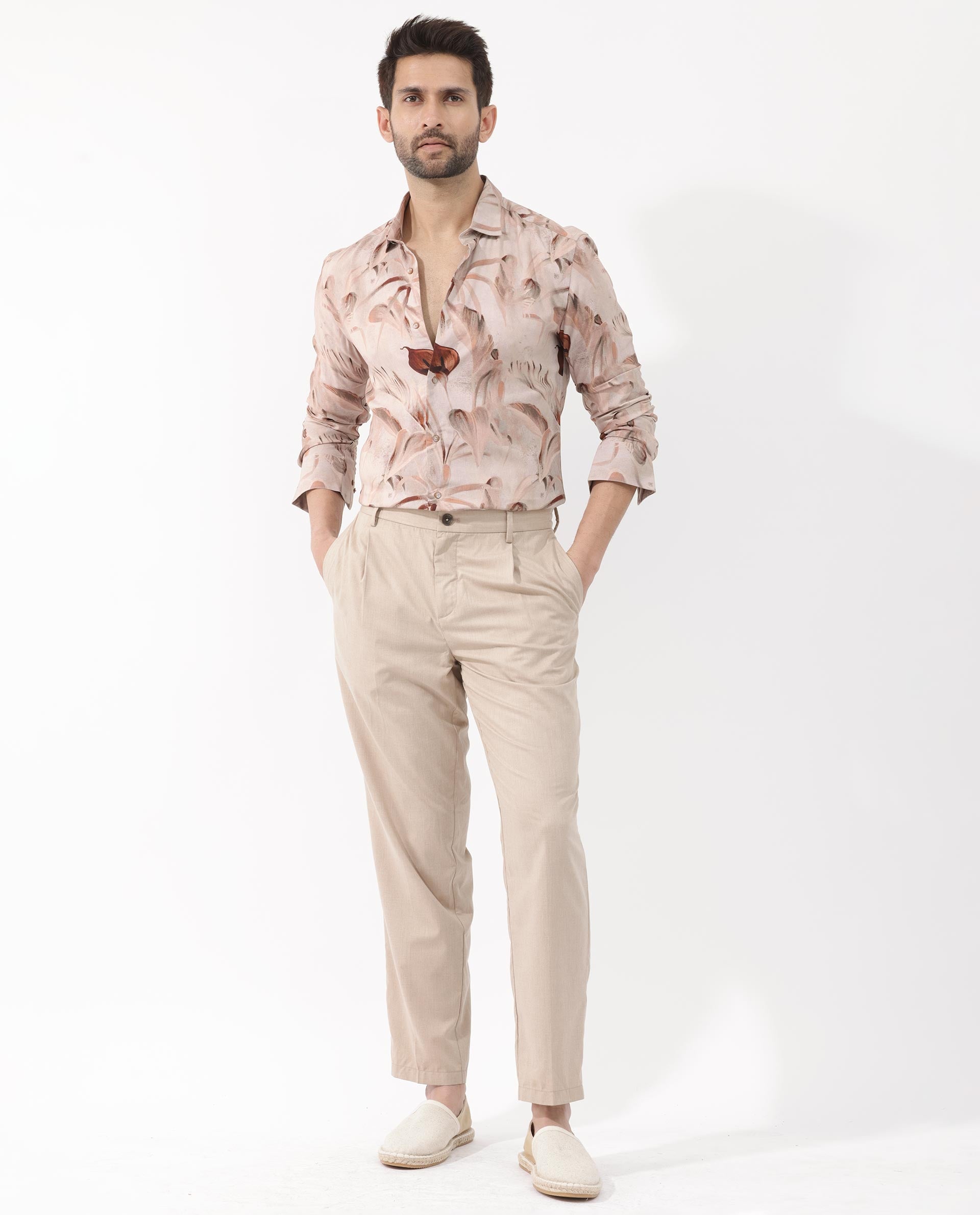 Rare Rabbit Men's Bowon-LS Light Brown Cotton Fabric Full Sleeves Tropical Print Shirt