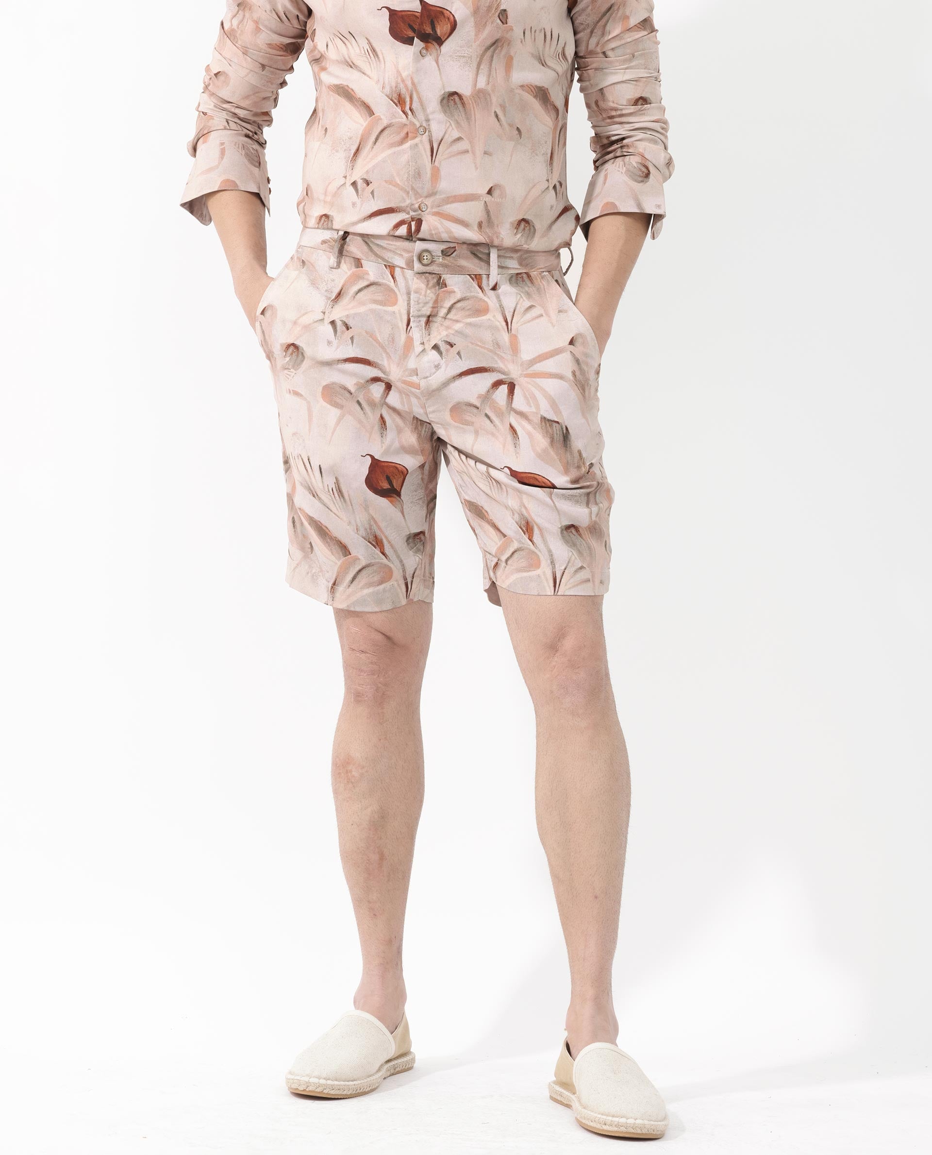 Rare Rabbit Men's Bower Brown Viscose Fabric Knee Length Tropical Print Shorts