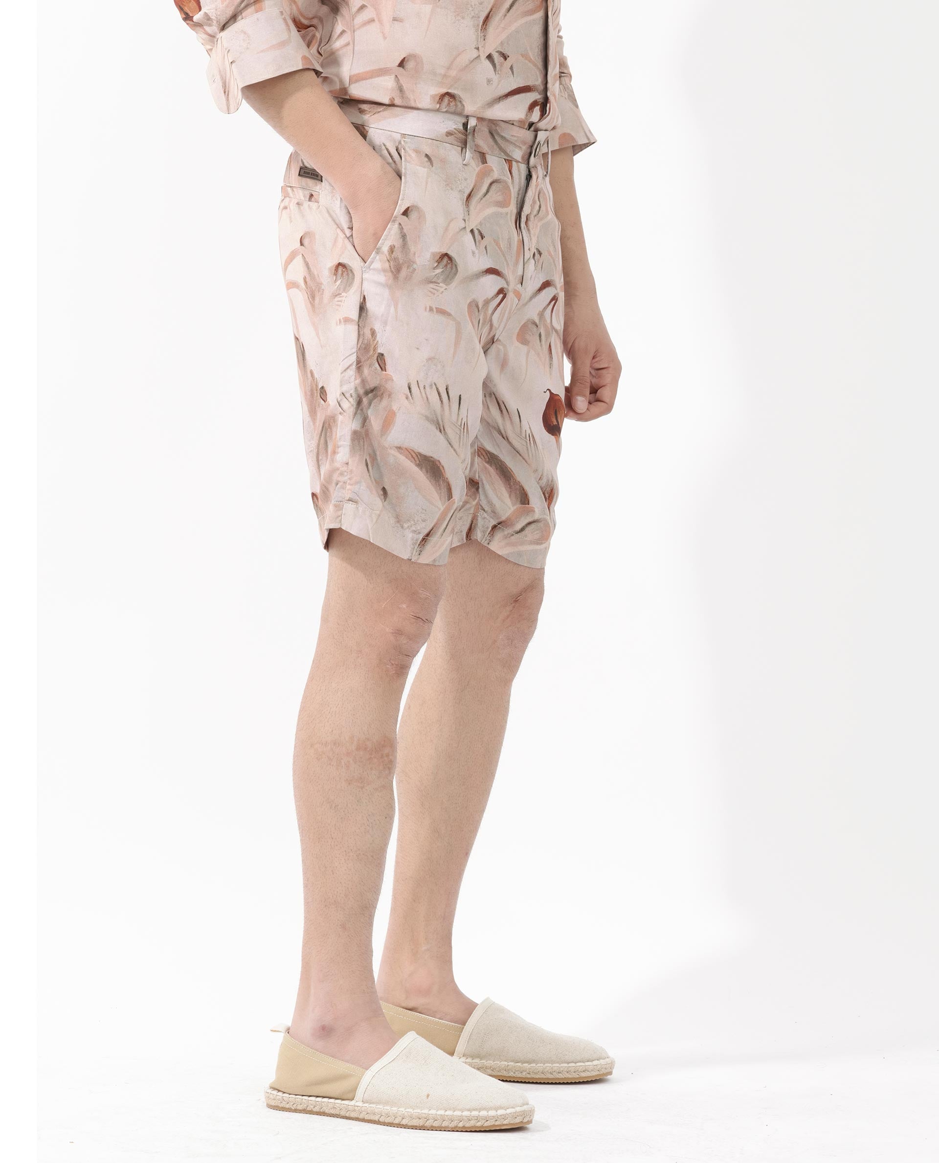 Rare Rabbit Men's Bower Brown Viscose Fabric Knee Length Tropical Print Shorts