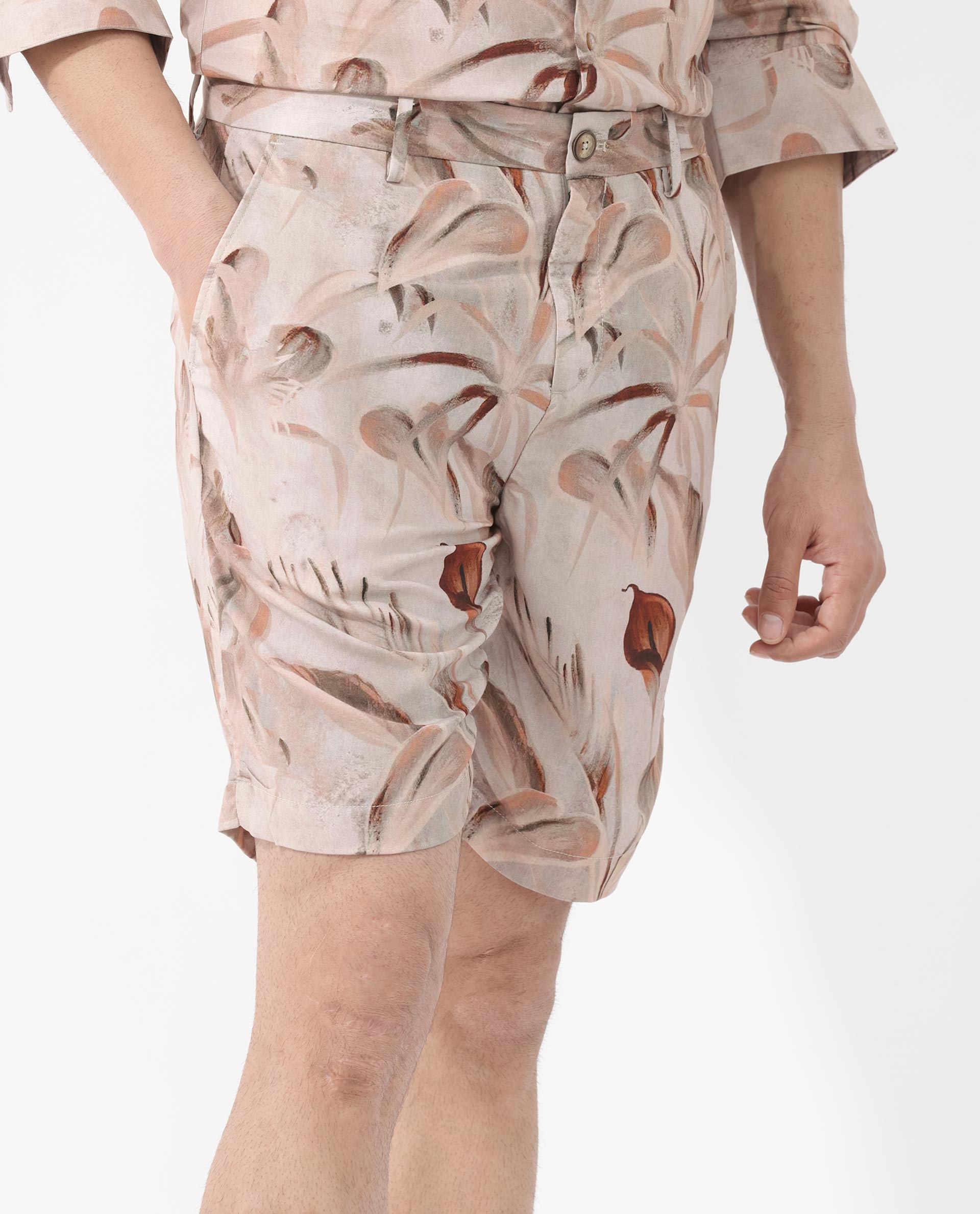 Rare Rabbit Men's Bower Brown Viscose Fabric Knee Length Tropical Print Shorts