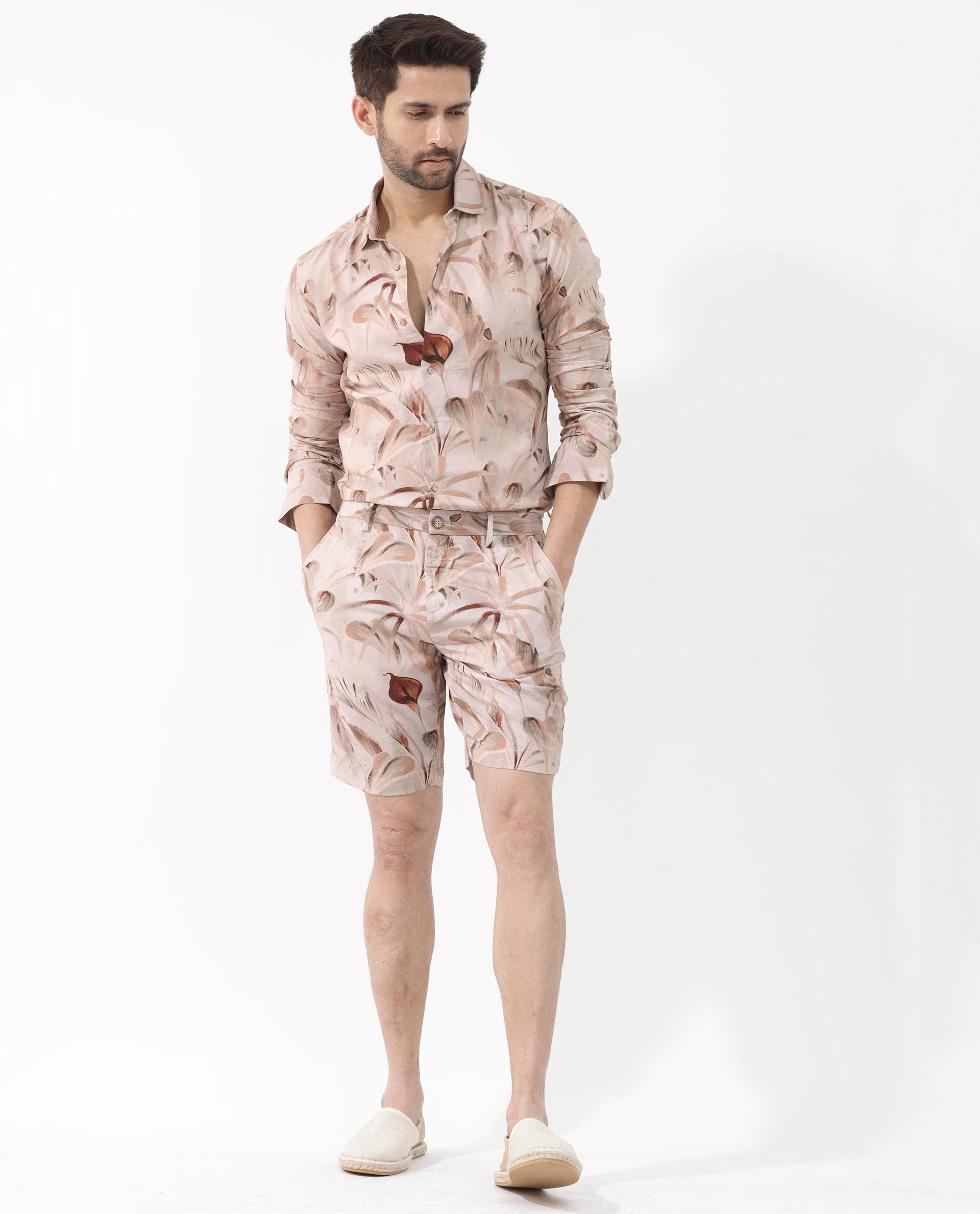 Rare Rabbit Men's Bower Brown Viscose Fabric Knee Length Tropical Print Shorts