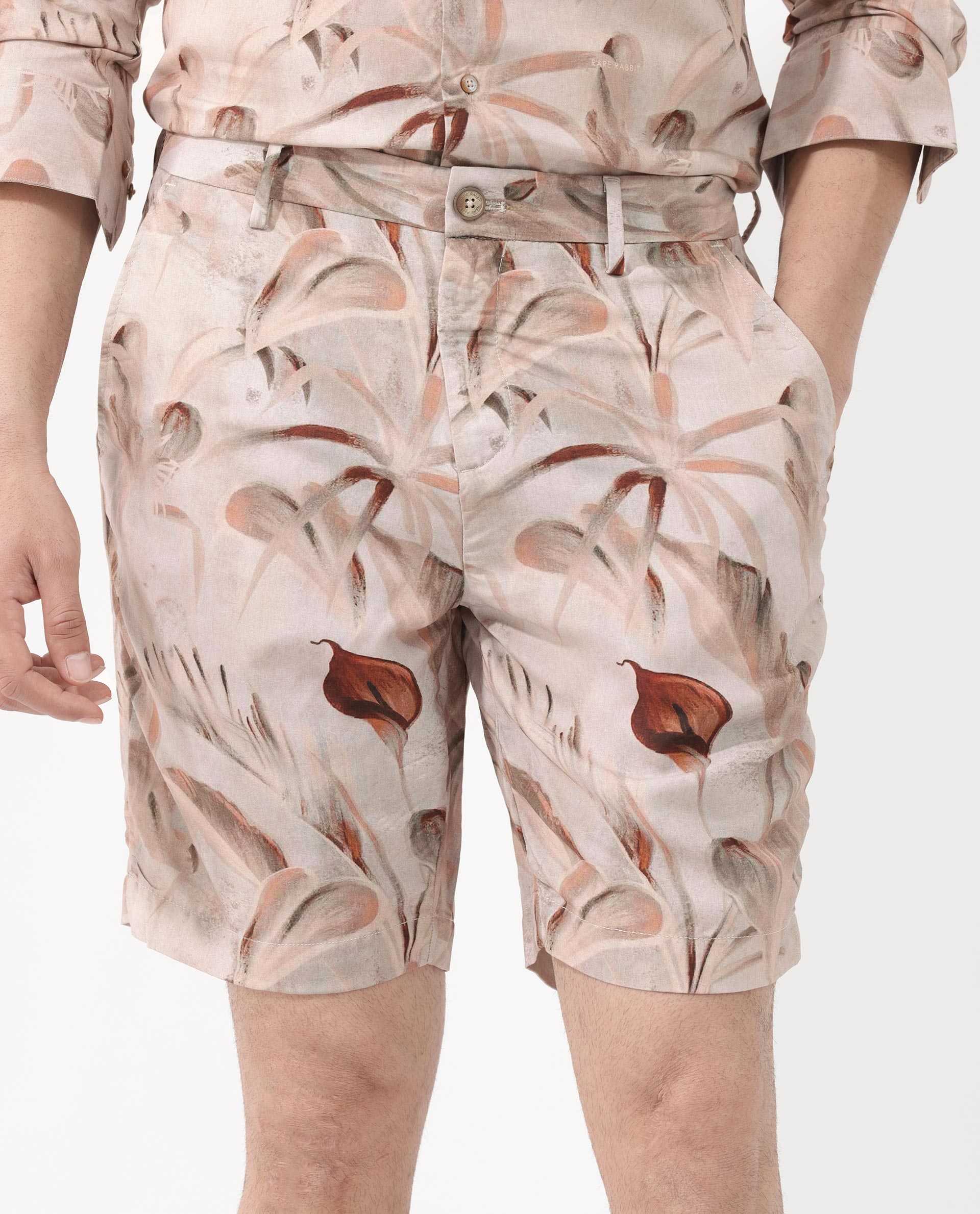 Rare Rabbit Men's Bower Brown Viscose Fabric Knee Length Tropical Print Shorts