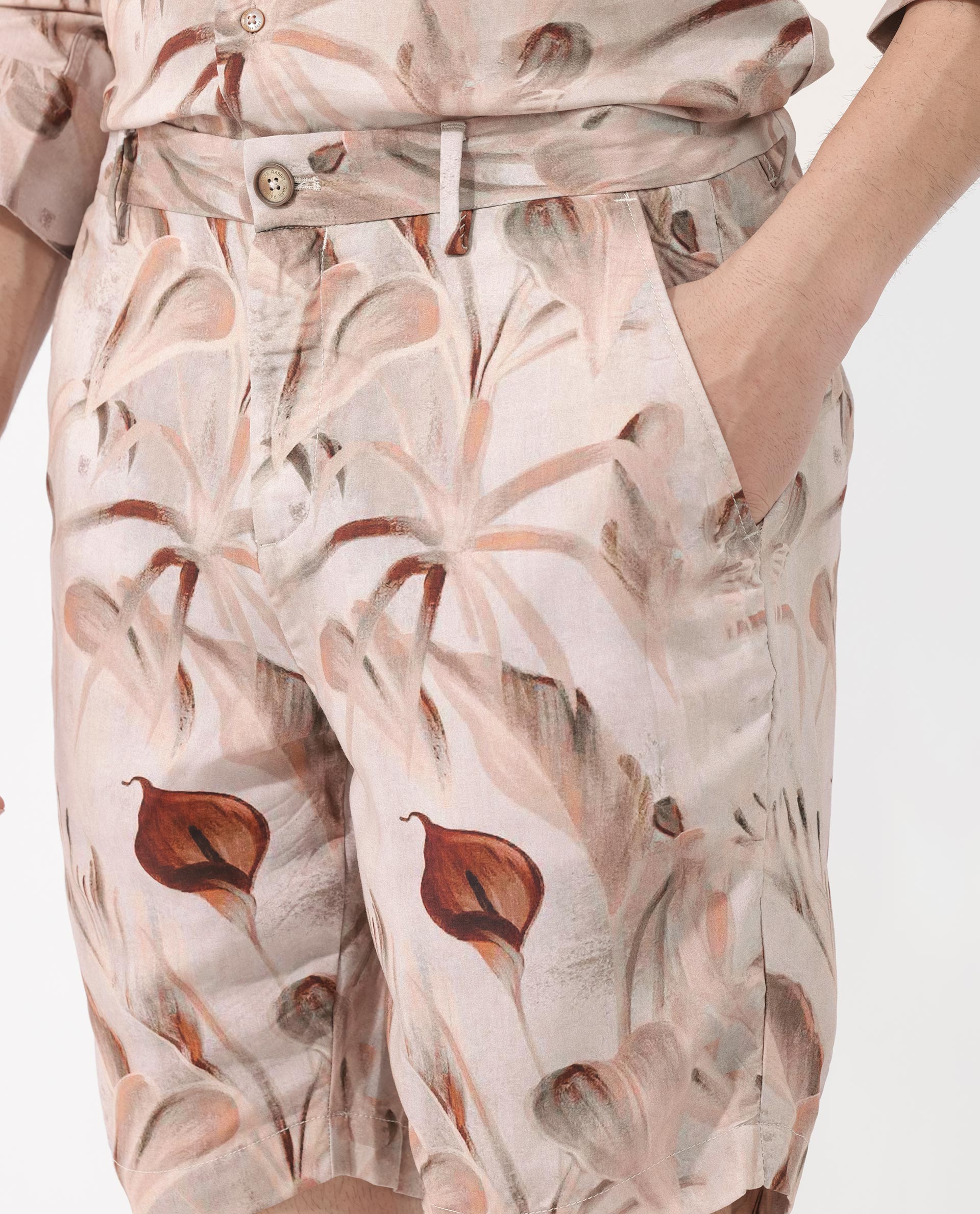 Rare Rabbit Men's Bower Brown Viscose Fabric Knee Length Tropical Print Shorts