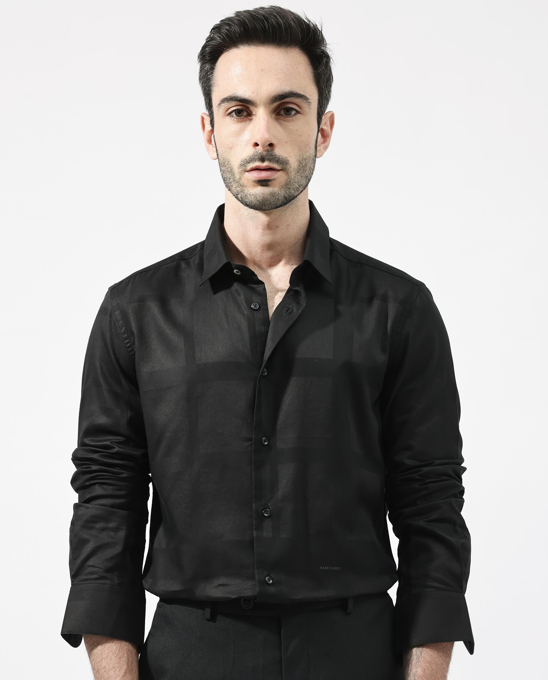 Rare Rabbit Men's Boxline-5 Dusky Black Cotton Lyocell Fabric Full Sleeves Checks Shirt