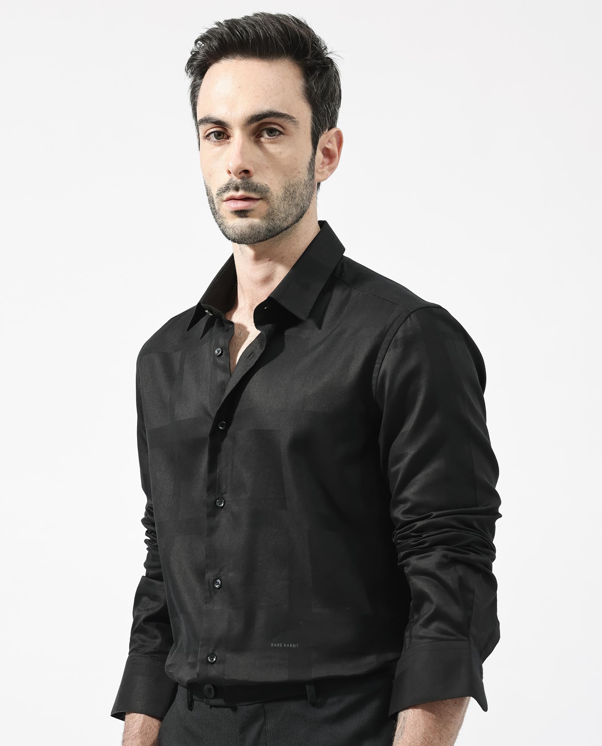 Rare Rabbit Men's Boxline-5 Dusky Black Cotton Lyocell Fabric Full Sleeves Checks Shirt