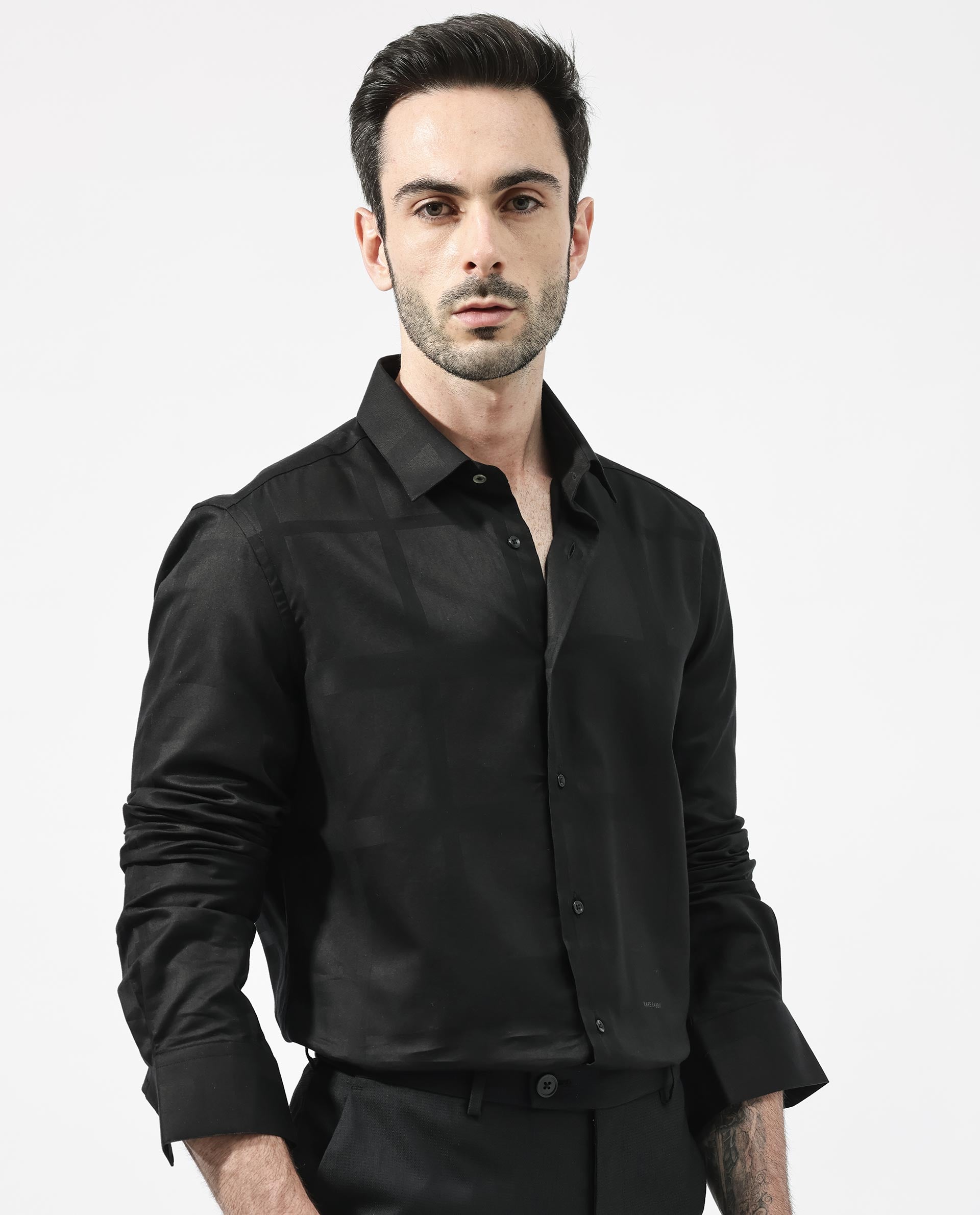 Rare Rabbit Men's Boxline-5 Dusky Black Cotton Lyocell Fabric Full Sleeves Checks Shirt