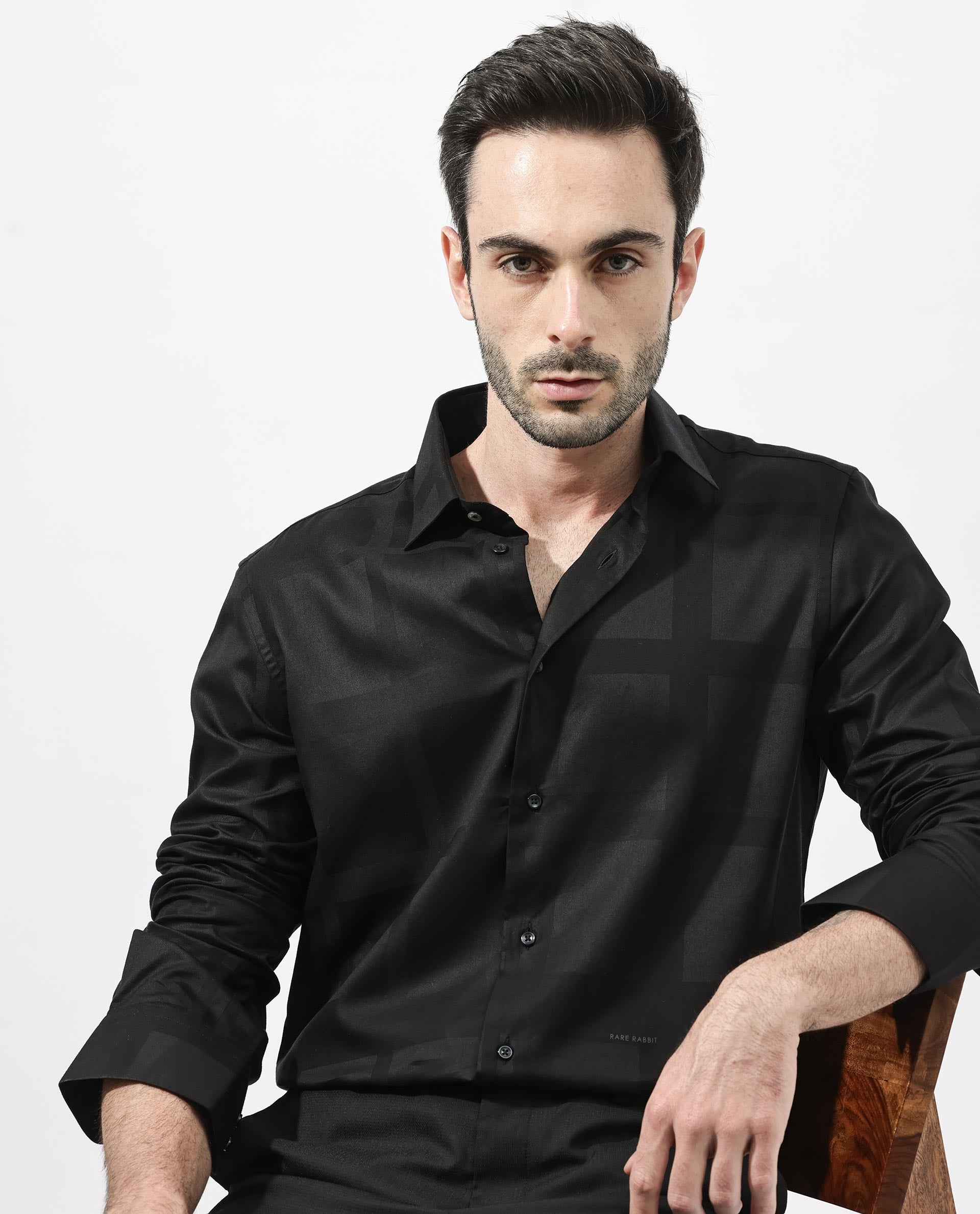 Rare Rabbit Men's Boxline-5 Dusky Black Cotton Lyocell Fabric Full Sleeves Checks Shirt