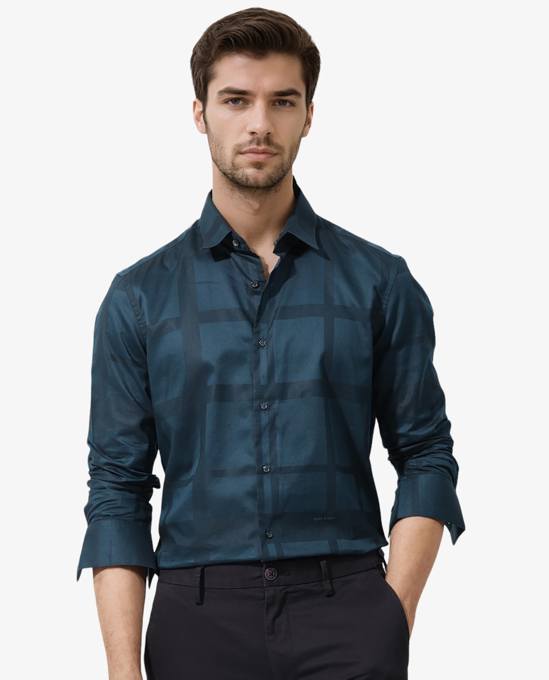 Rare Rabbit Men's Boxline- 5 Dark Teal Cotton Lyocell Fabric Full Sleeves Checks Shirt