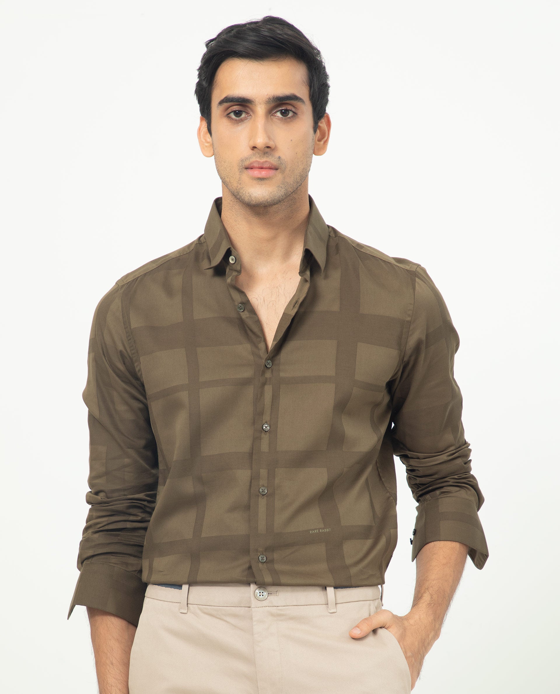 Rare Rabbit Men's Boxline Olive Cotton Lyocell Fabric Full Sleeves Checks Shirt