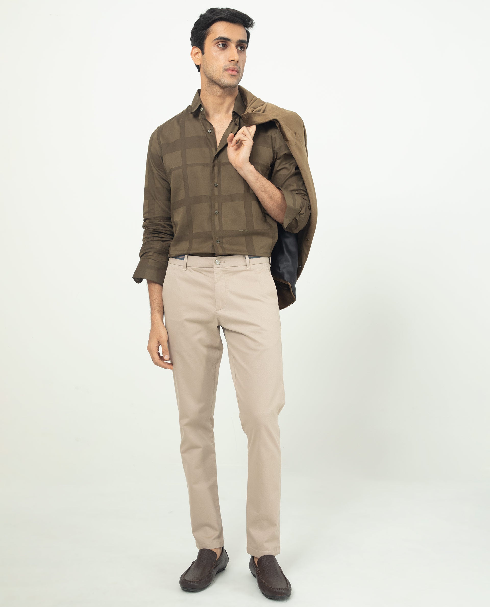 Rare Rabbit Men's Boxline Olive Cotton Lyocell Fabric Full Sleeves Checks Shirt