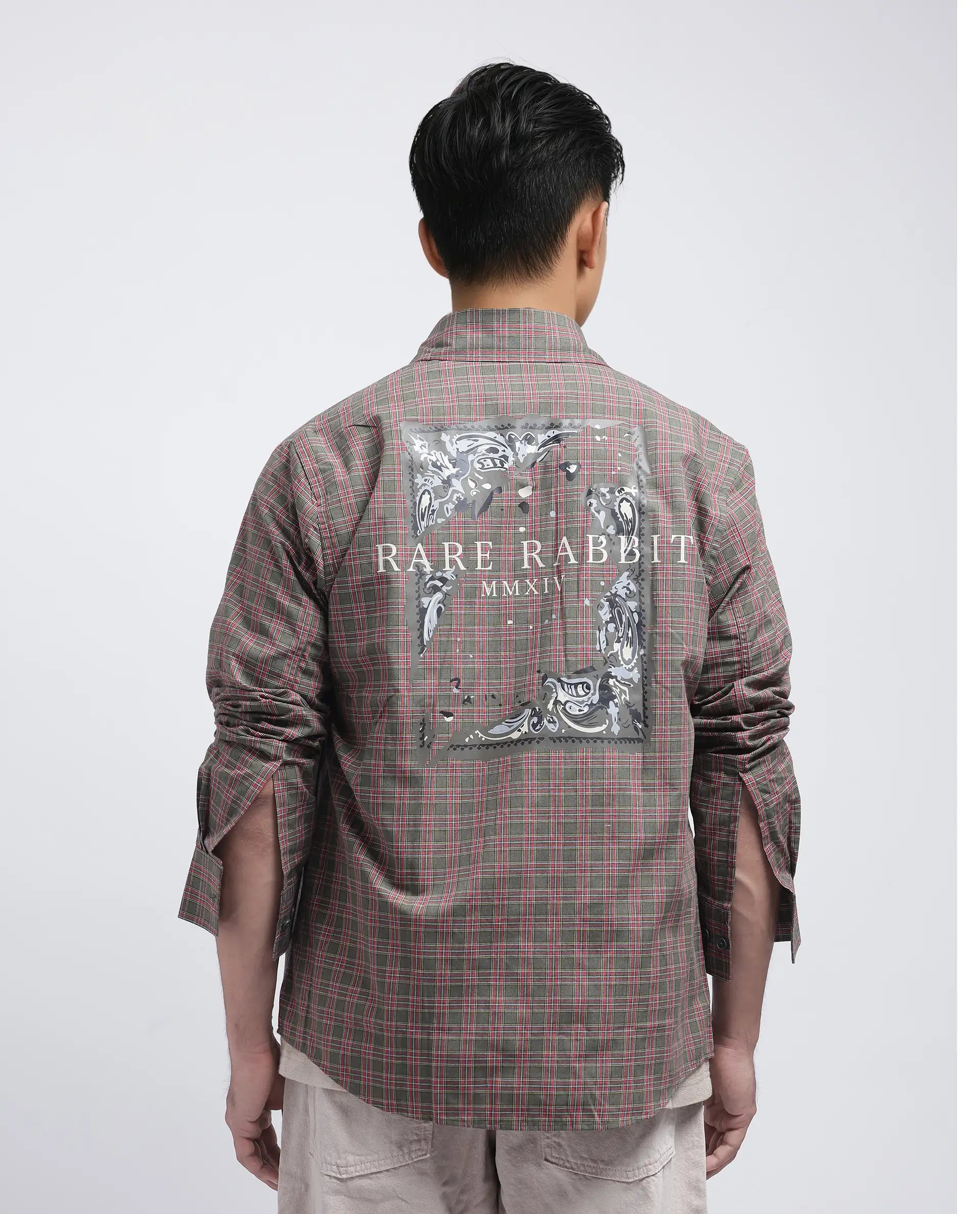 Rare Rabbit Men's Boxy Dark Olive Cotton Fabric Full Sleeve Collared Neck Button Closure Printed Shirt
