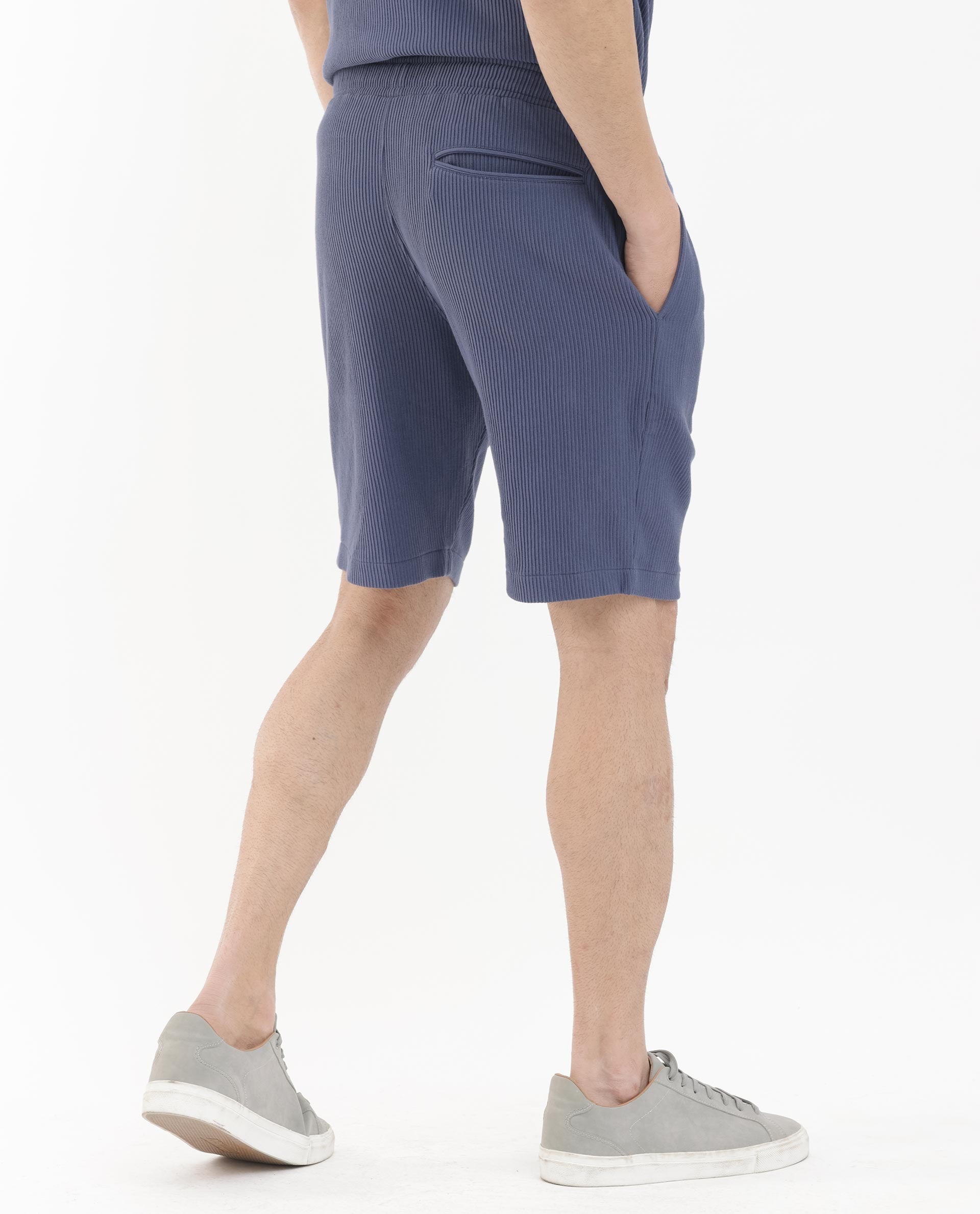 Rare Rabbit Mens Breto Dusky Blue Cotton Polyester Lycra Ribbed Texture Shorts