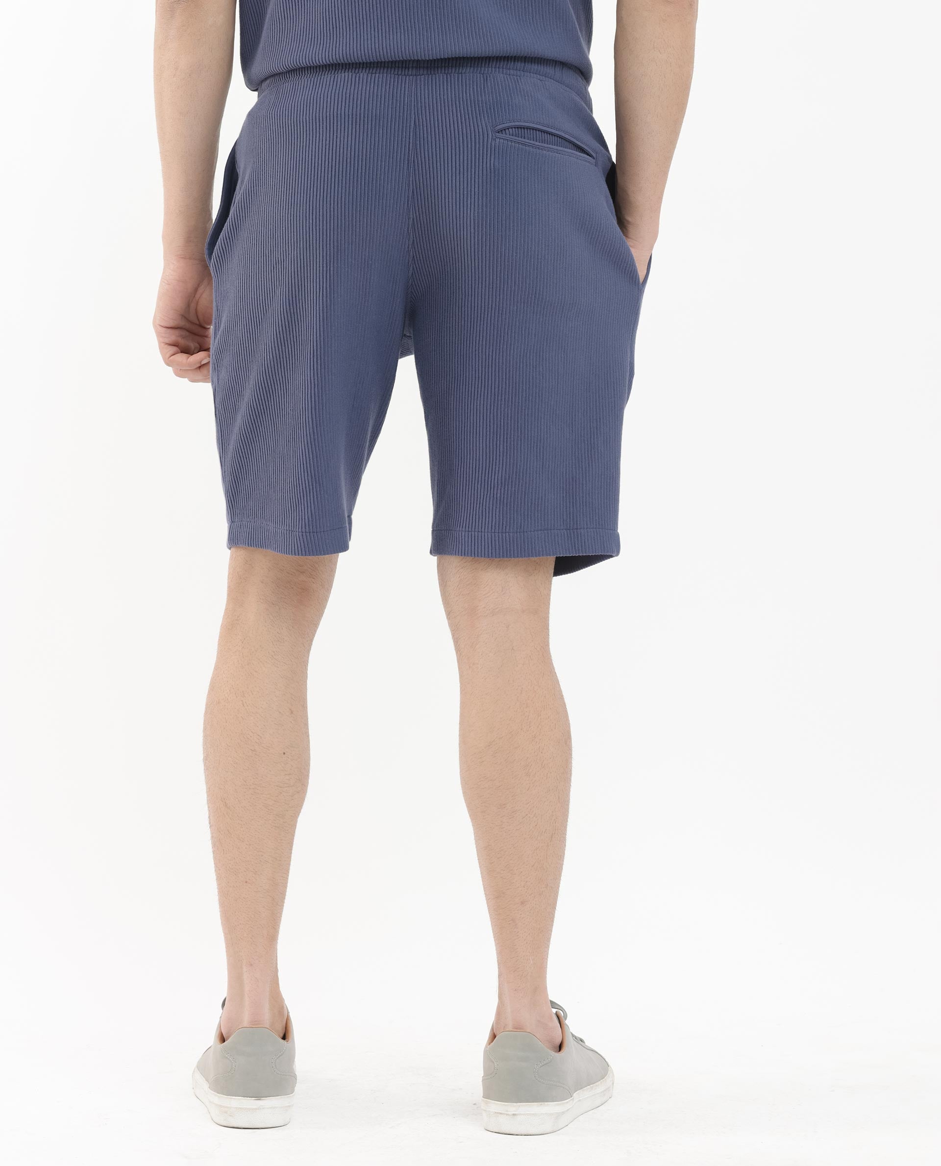 Rare Rabbit Mens Breto Dusky Blue Cotton Polyester Lycra Ribbed Texture Shorts