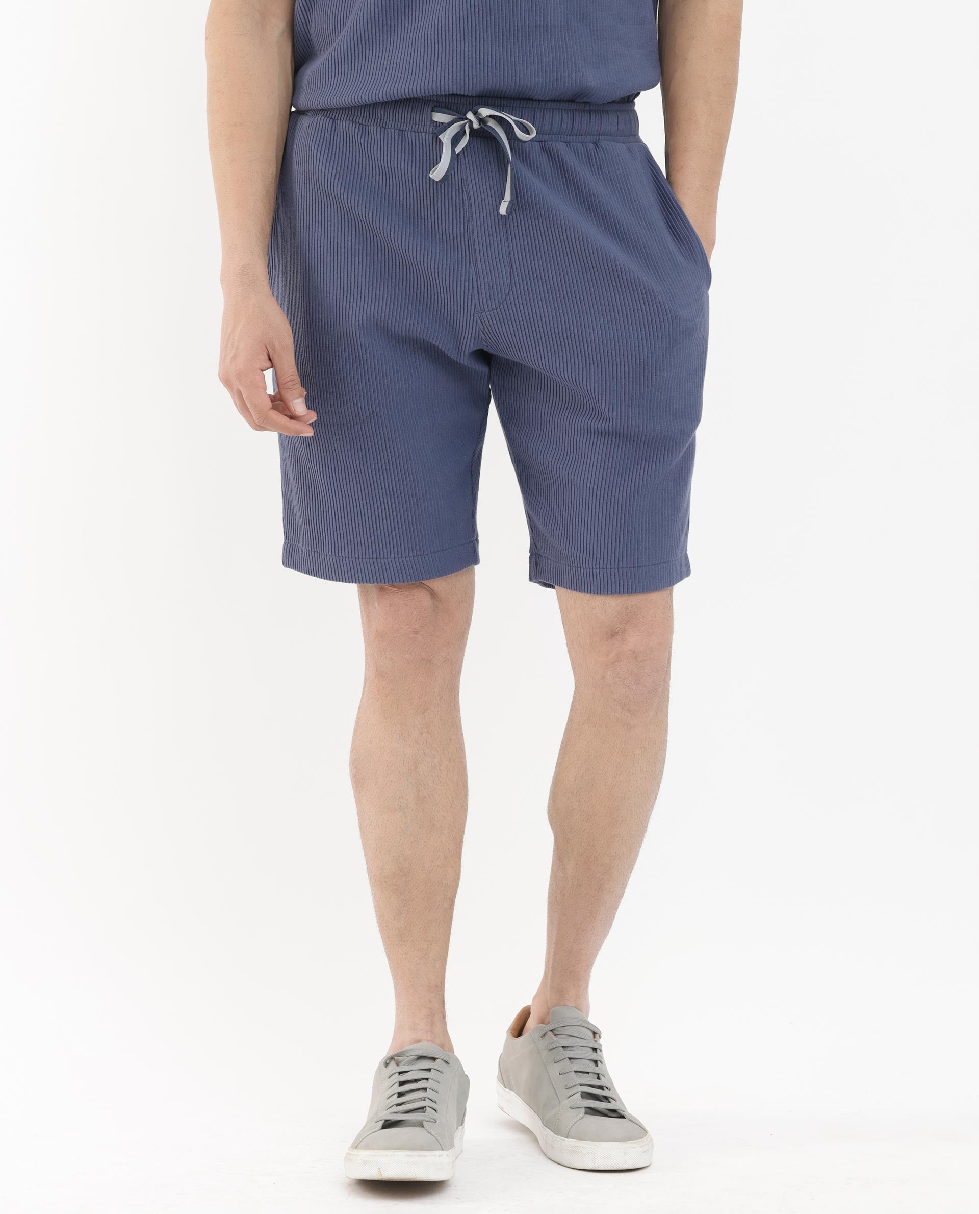 Rare Rabbit Mens Breto Dusky Blue Cotton Polyester Lycra Ribbed Texture Shorts
