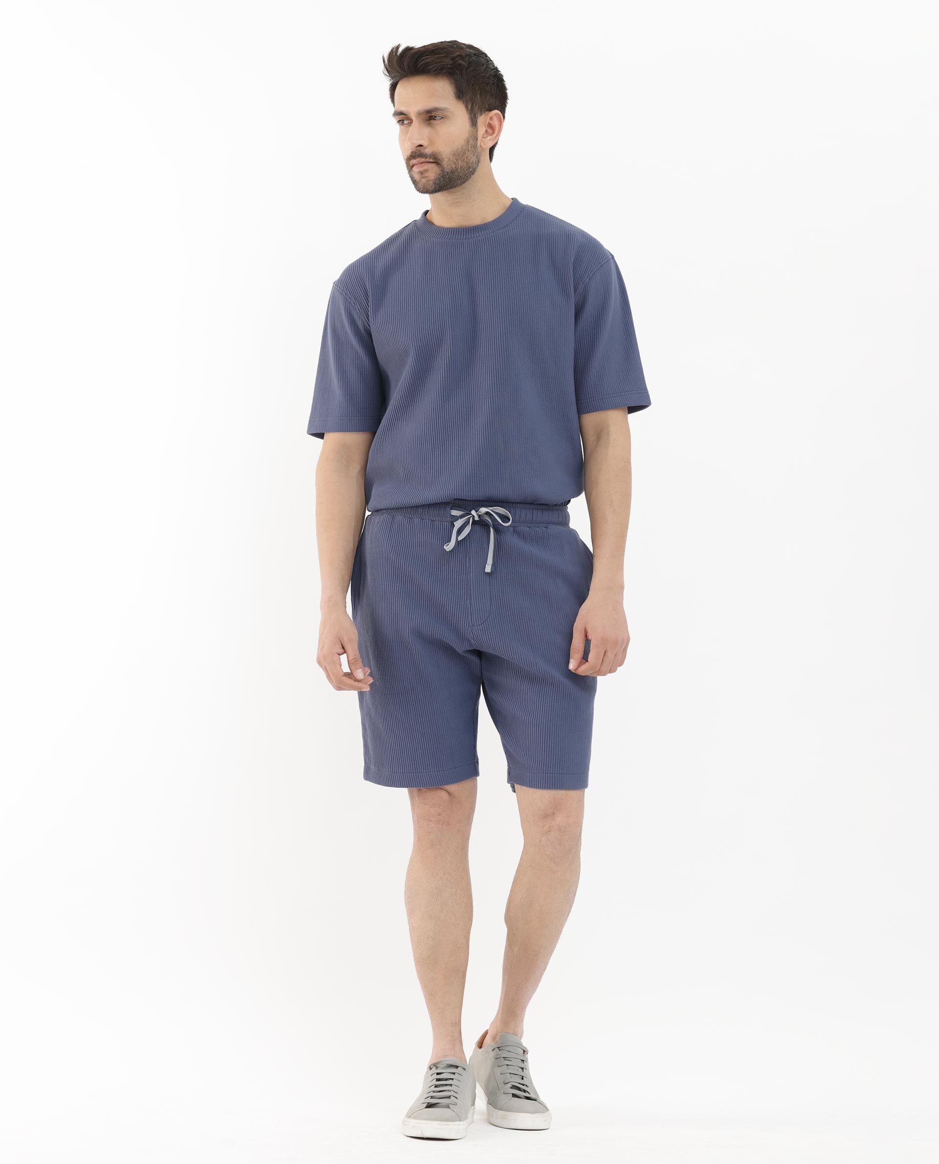 Rare Rabbit Mens Breto Dusky Blue Cotton Polyester Lycra Ribbed Texture Shorts