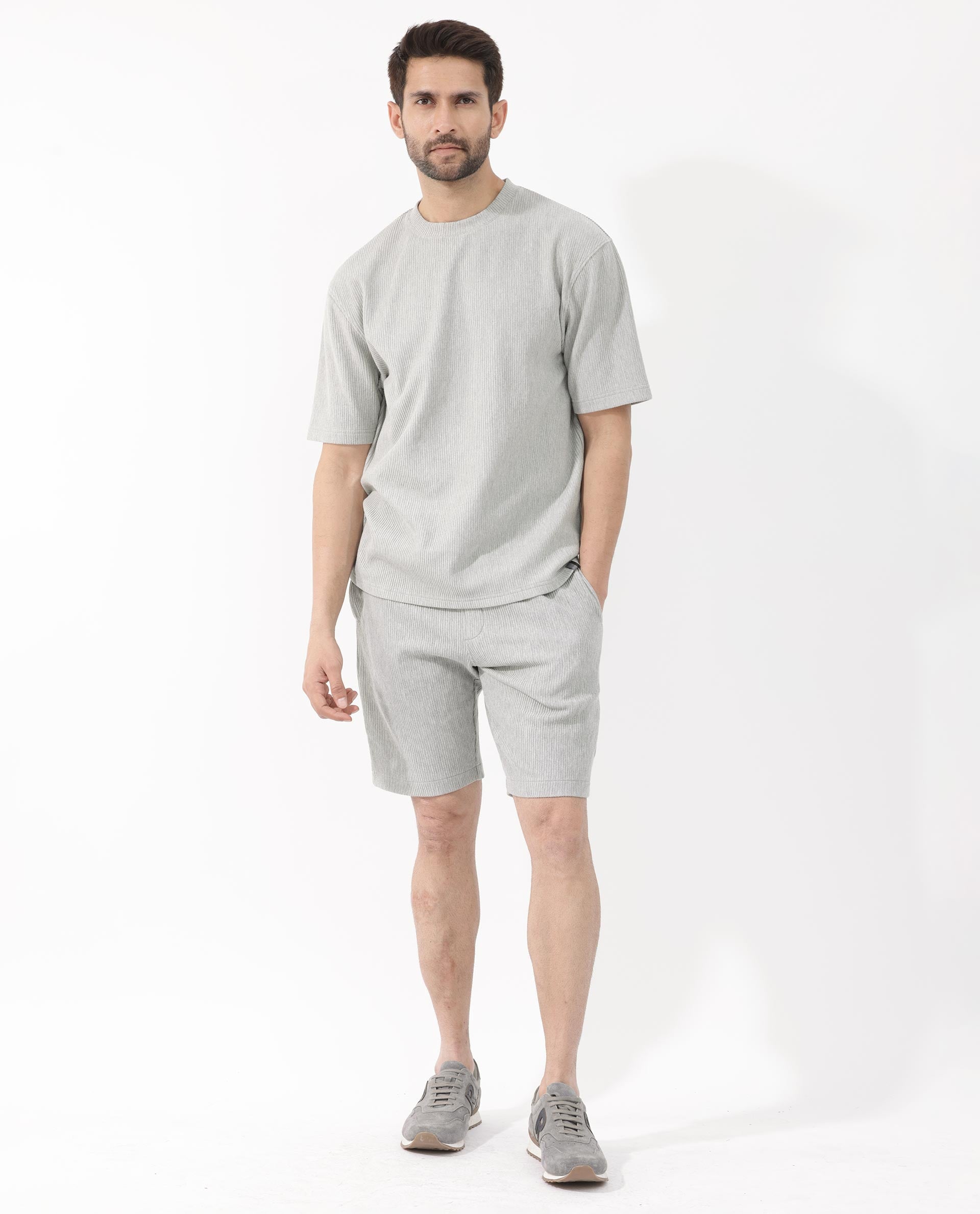 Rare Rabbit Men's Breet-Mel Melange Grey Cotton Lycra Fabric Short Sleeve Oversized Fit Solid T-Shirt