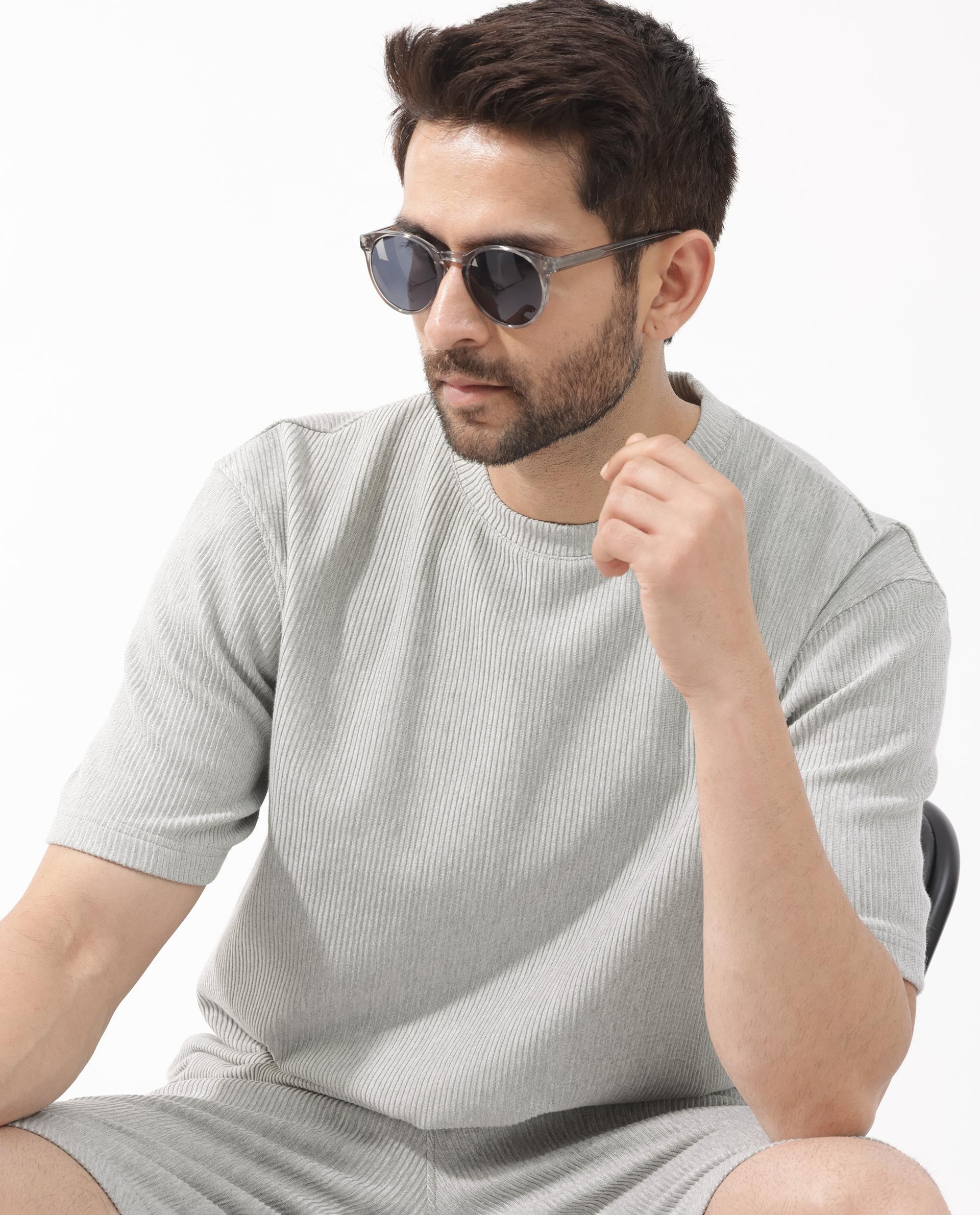 Rare Rabbit Men's Breet-Mel Melange Grey Cotton Lycra Fabric Short Sleeve Oversized Fit Solid T-Shirt