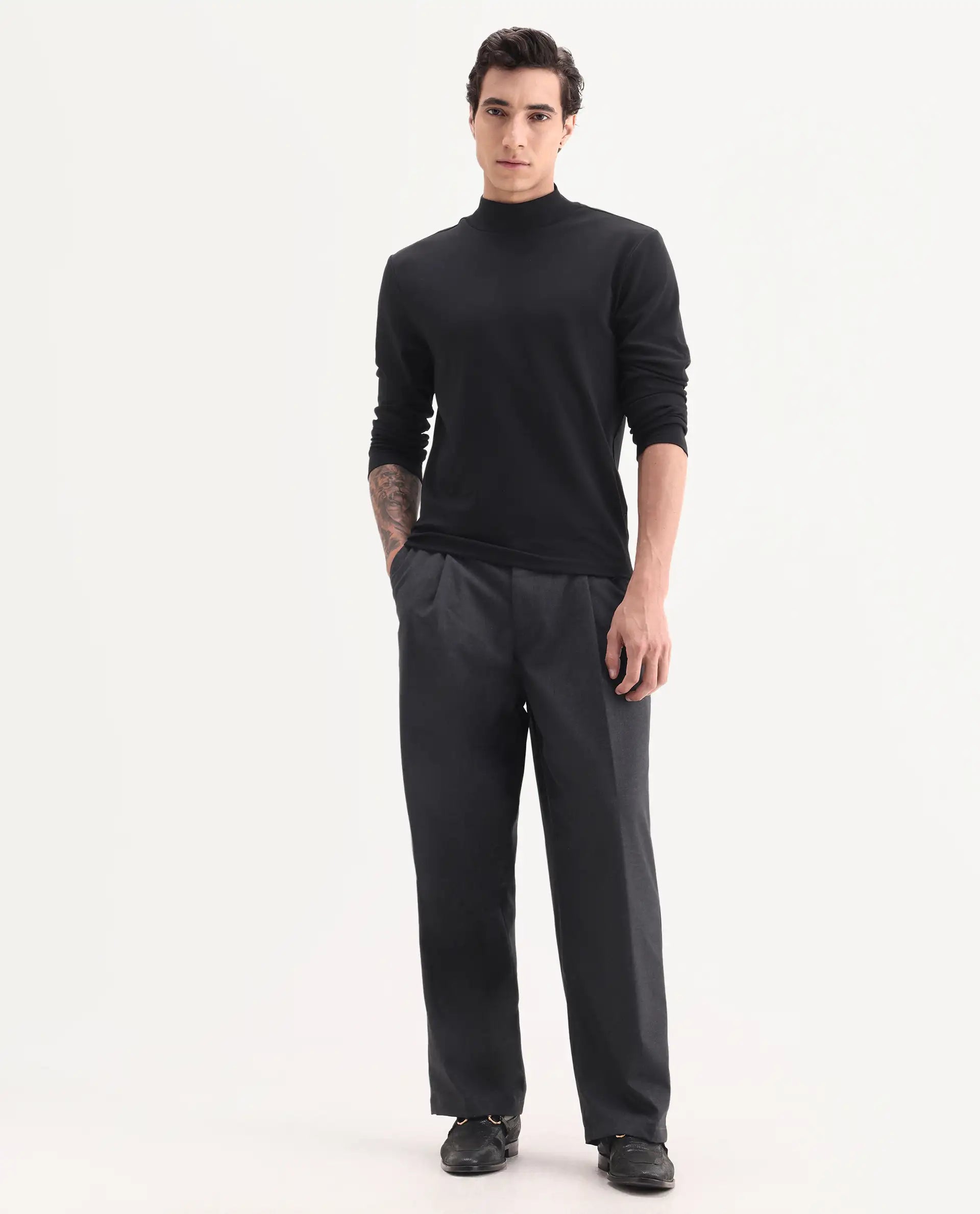 Rare Rabbit Men's Brelint Navy Cotton Blend Plain Relaxed Fit Trouser