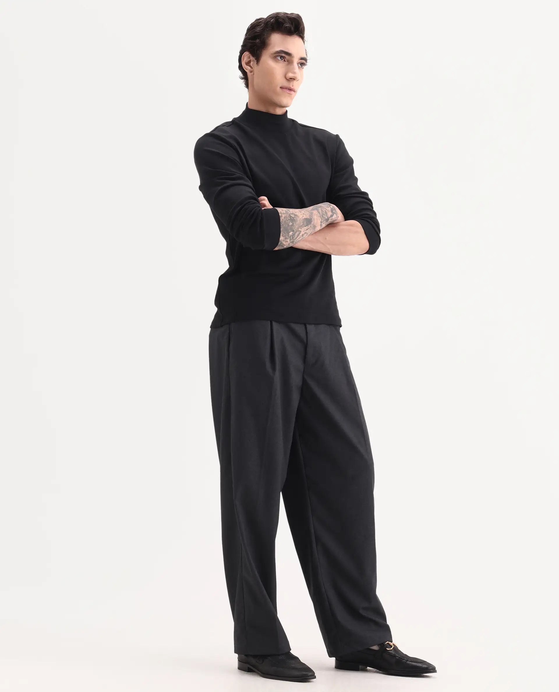 Rare Rabbit Men's Brelint Navy Cotton Blend Plain Relaxed Fit Trouser