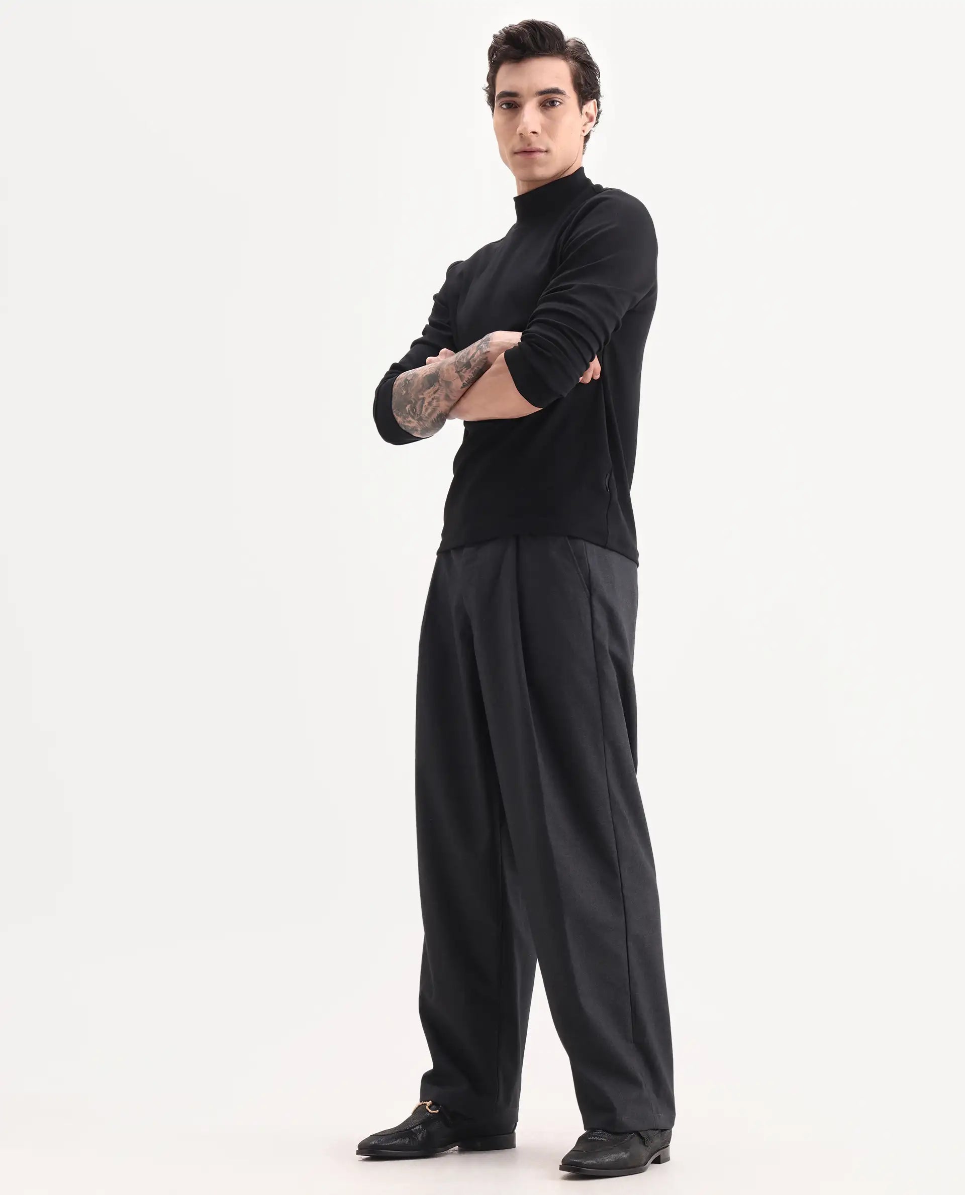 Rare Rabbit Men's Brelint Navy Cotton Blend Plain Relaxed Fit Trouser