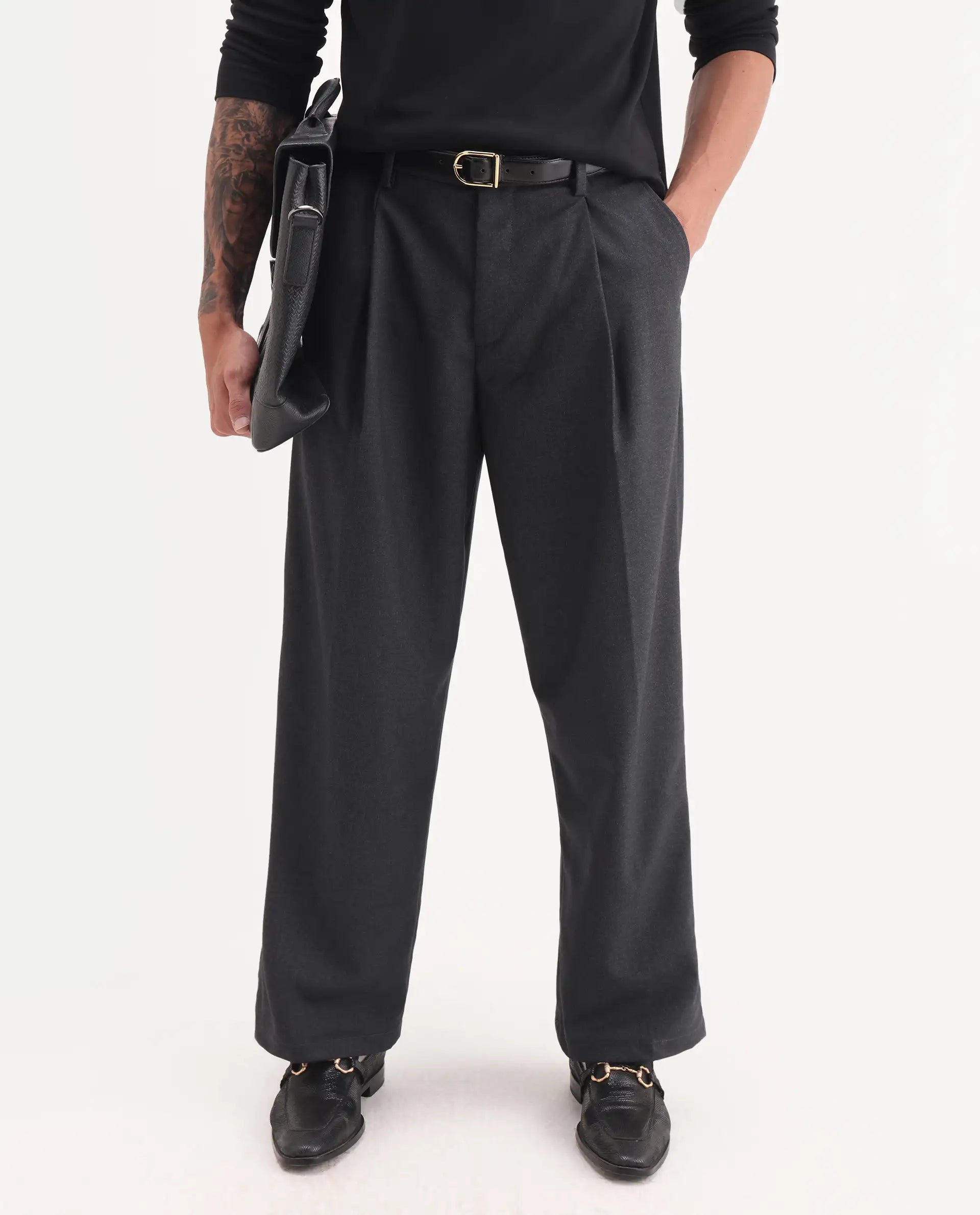 Rare Rabbit Men's Brelint Navy Cotton Blend Plain Relaxed Fit Trouser