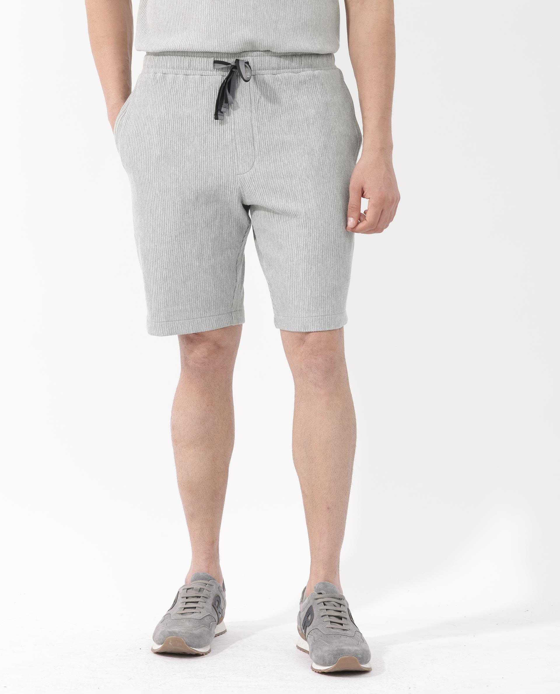 Rare Rabbit Mens Breto Melange Grey Cotton Polyester Lycra Ribbed Texture Shorts