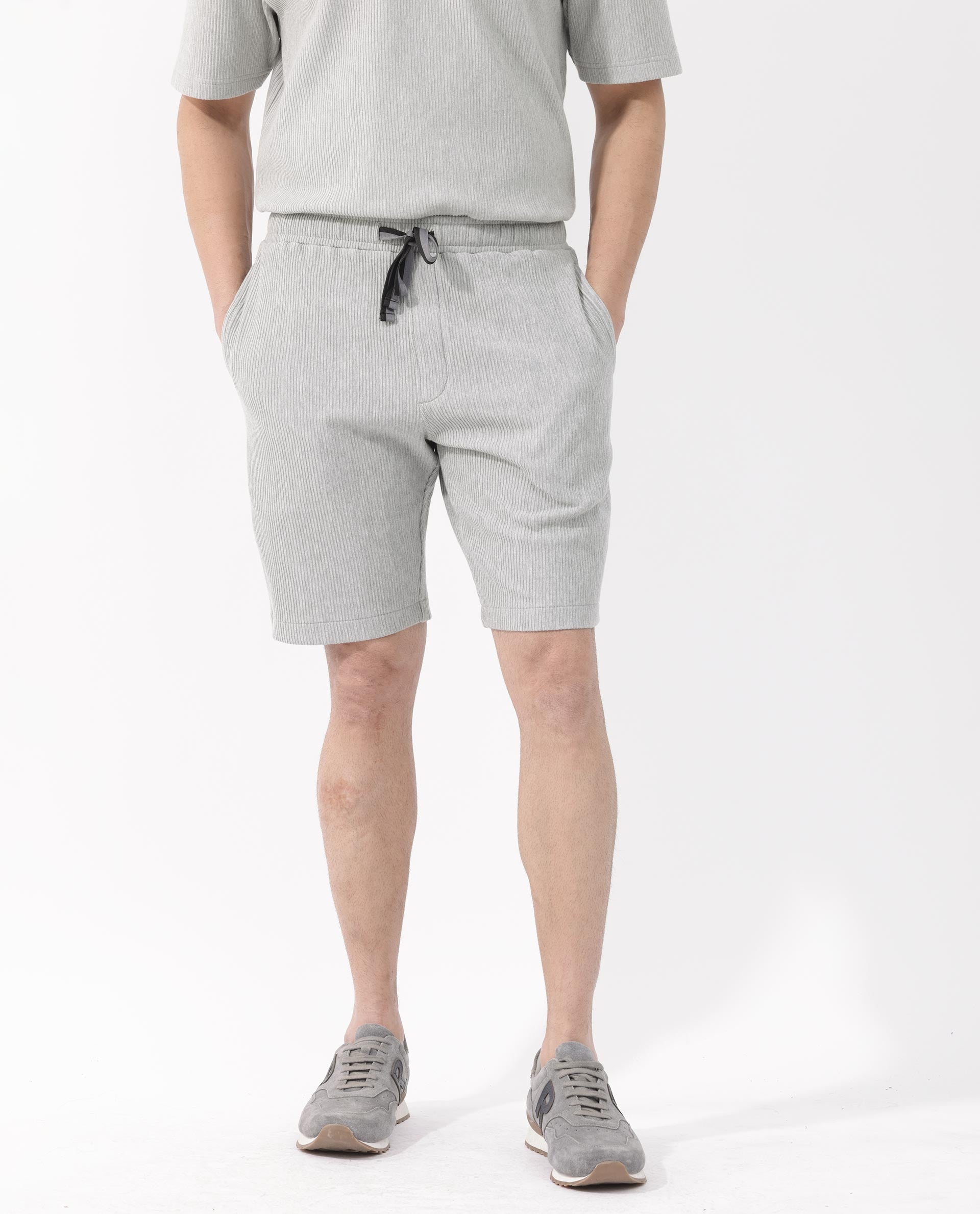 Rare Rabbit Mens Breto Melange Grey Cotton Polyester Lycra Ribbed Texture Shorts