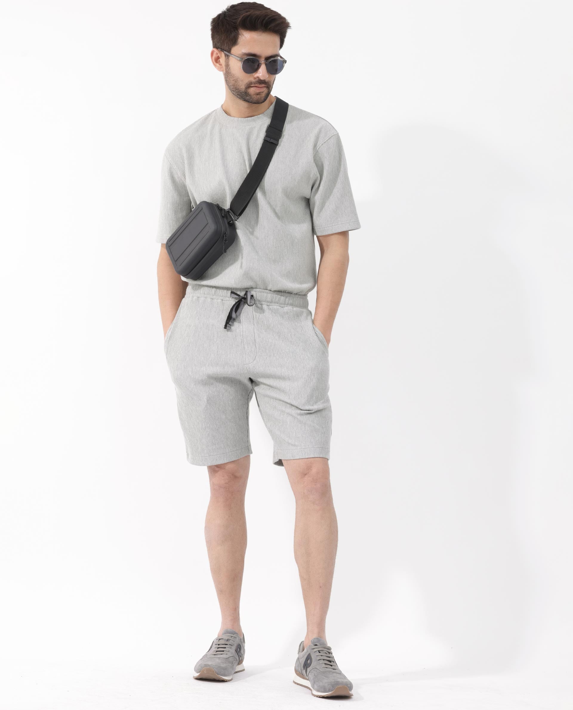 Rare Rabbit Mens Breto Melange Grey Cotton Polyester Lycra Ribbed Texture Shorts