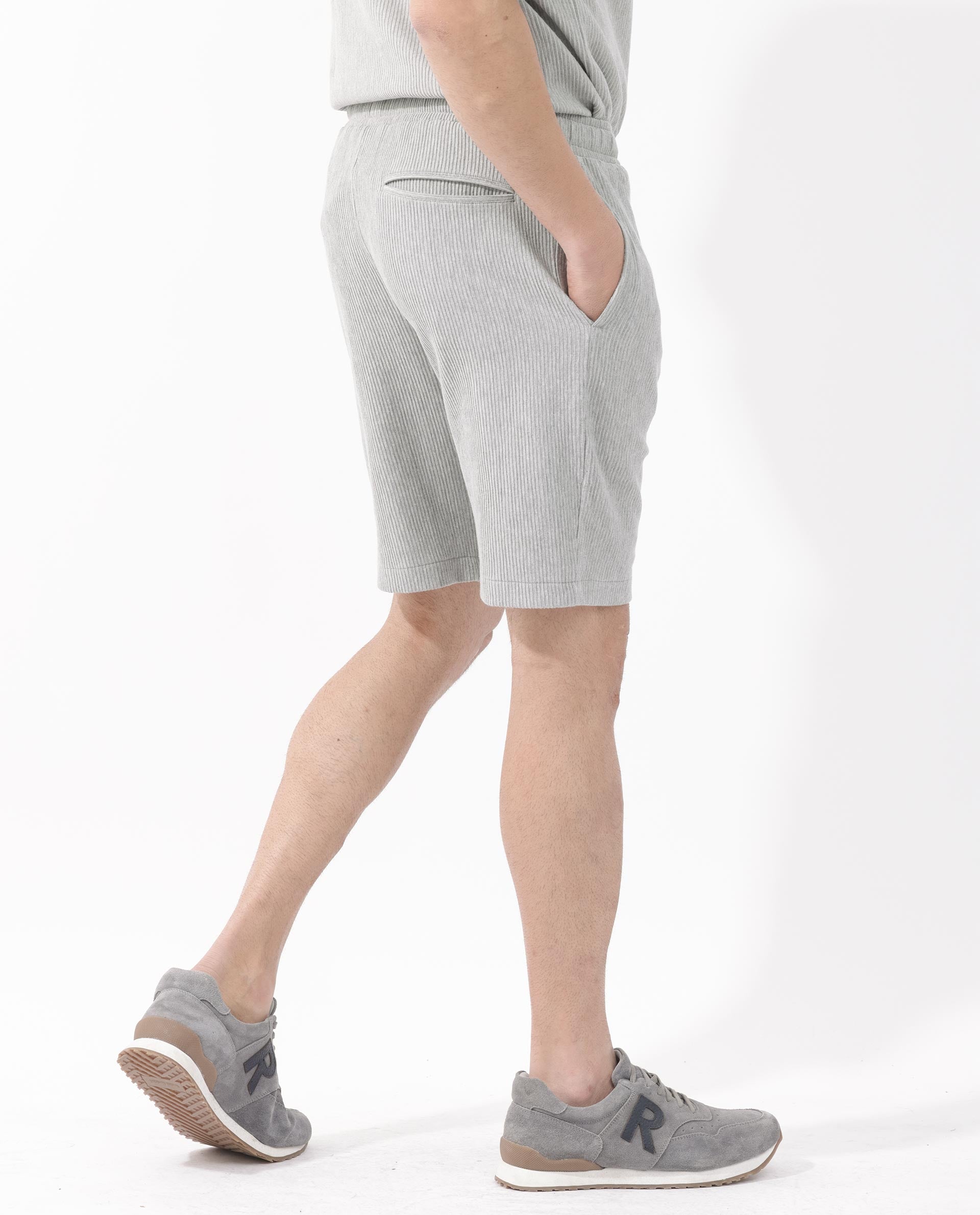 Rare Rabbit Mens Breto Melange Grey Cotton Polyester Lycra Ribbed Texture Shorts