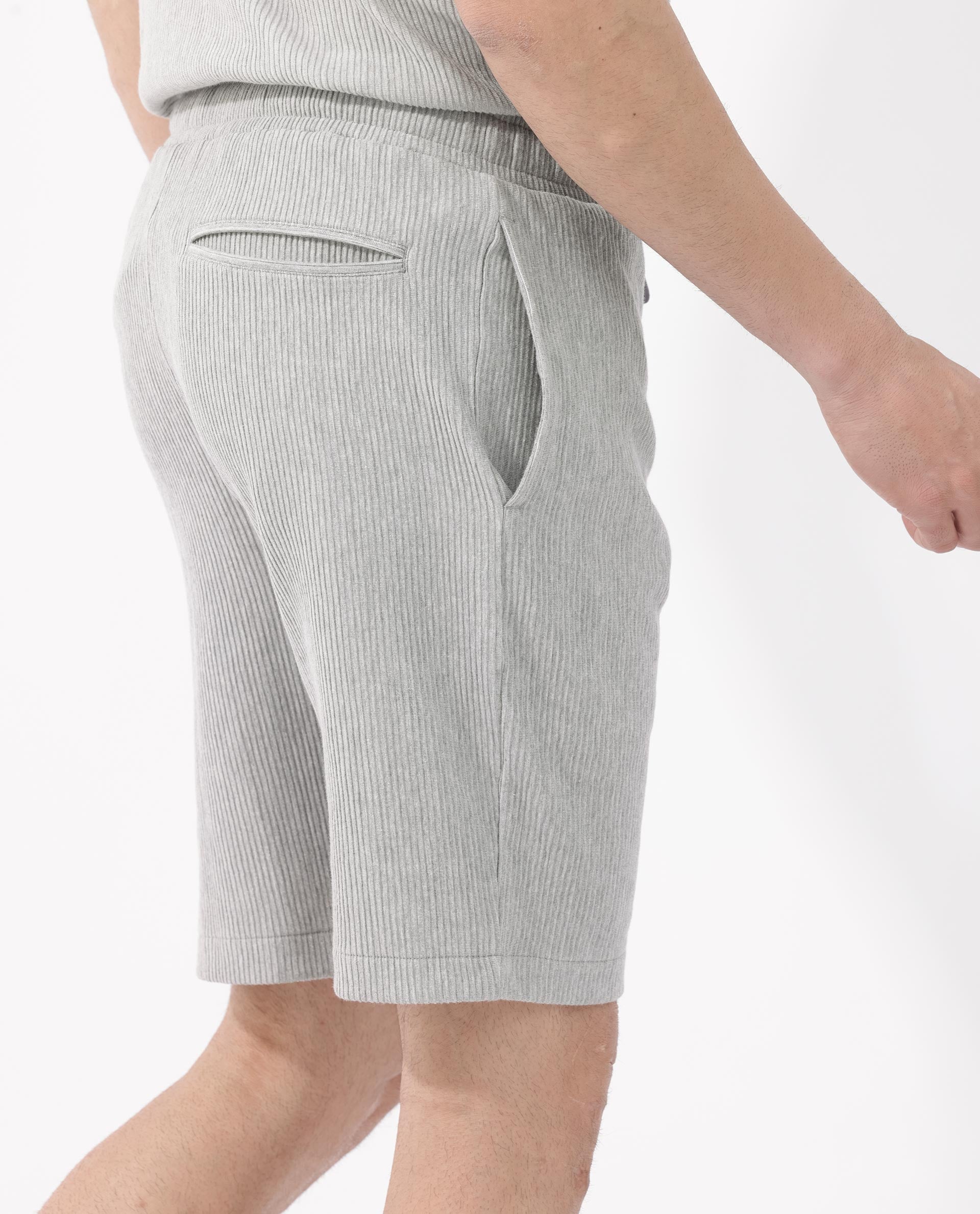 Rare Rabbit Mens Breto Melange Grey Cotton Polyester Lycra Ribbed Texture Shorts