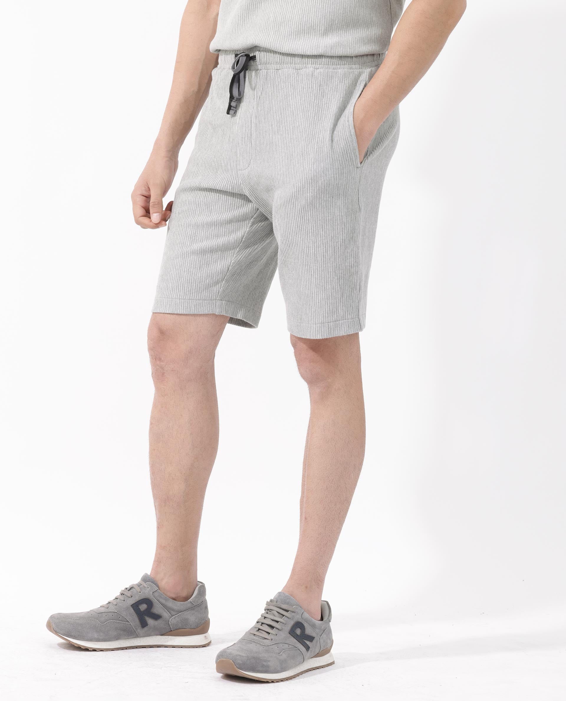 Rare Rabbit Mens Breto Melange Grey Cotton Polyester Lycra Ribbed Texture Shorts