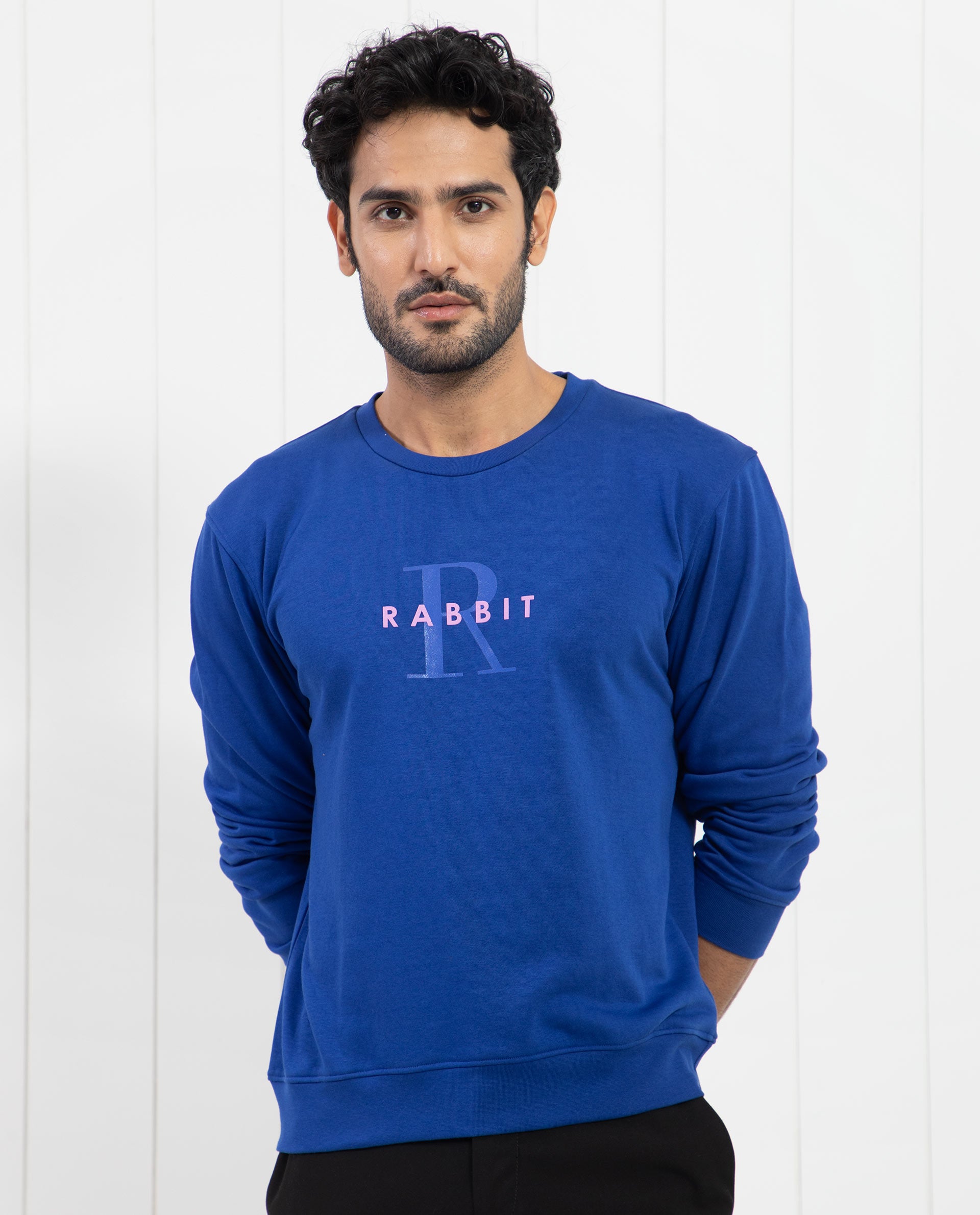 Rare Rabbit Men's Brewet Fluorescent Blue Cotton Polyester Fabric Full Sleeves Graphic Print Sweatshirt