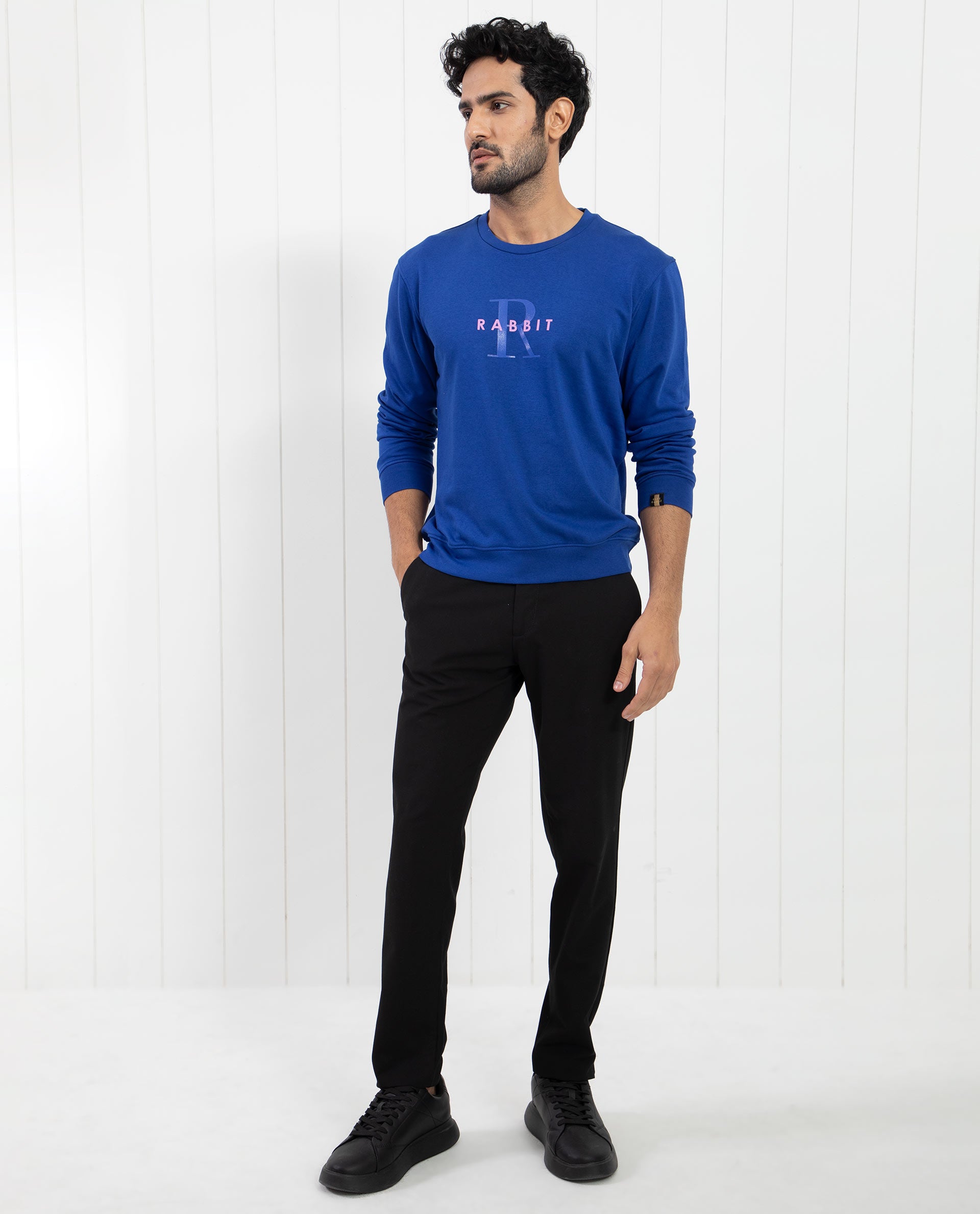 Rare Rabbit Men's Brewet Fluorescent Blue Cotton Polyester Fabric Full Sleeves Graphic Print Sweatshirt