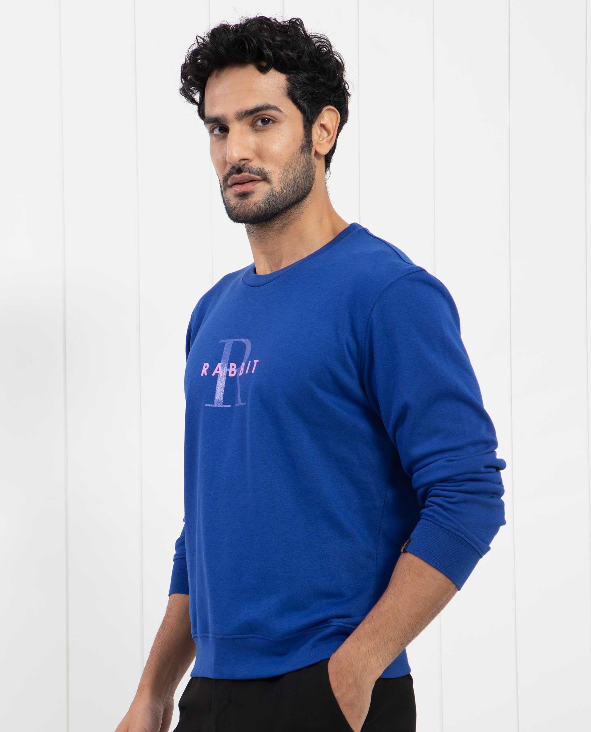 Rare Rabbit Men's Brewet Fluorescent Blue Cotton Polyester Fabric Full Sleeves Graphic Print Sweatshirt