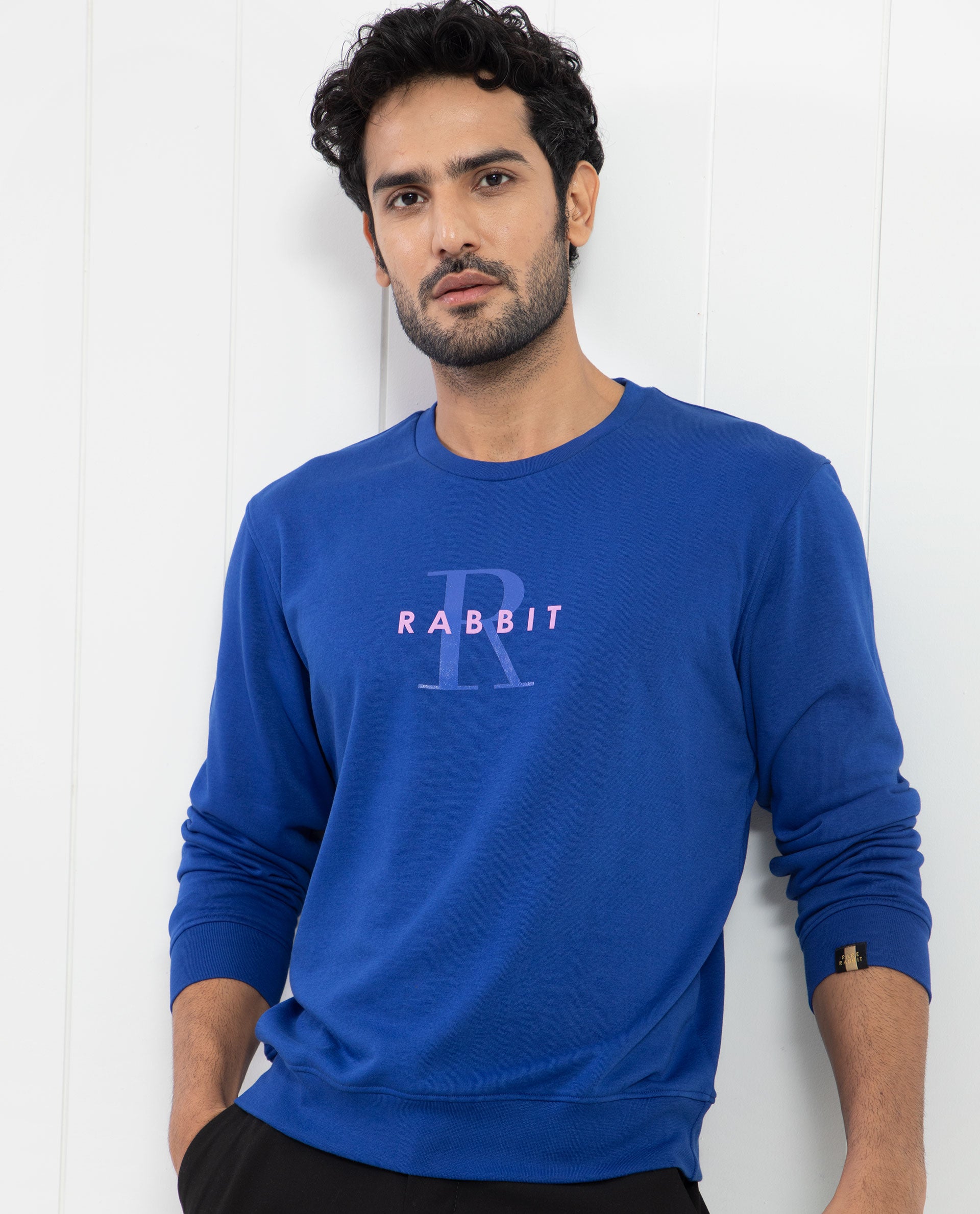 Rare Rabbit Men's Brewet Fluorescent Blue Cotton Polyester Fabric Full Sleeves Graphic Print Sweatshirt