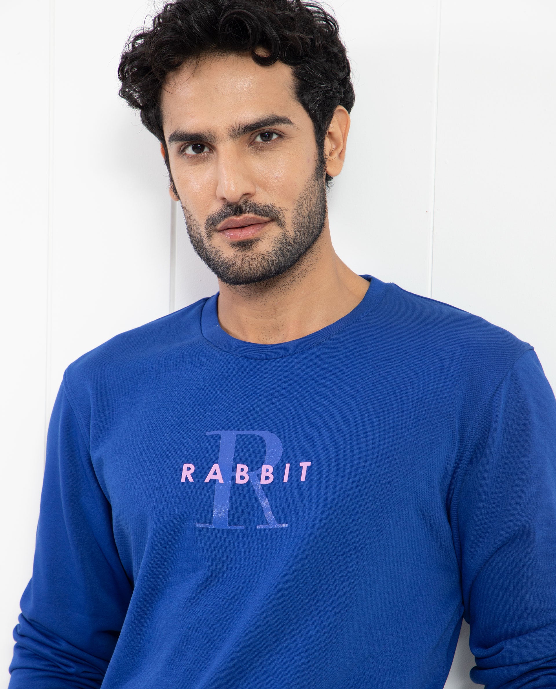 Rare Rabbit Men's Brewet Fluorescent Blue Cotton Polyester Fabric Full Sleeves Graphic Print Sweatshirt