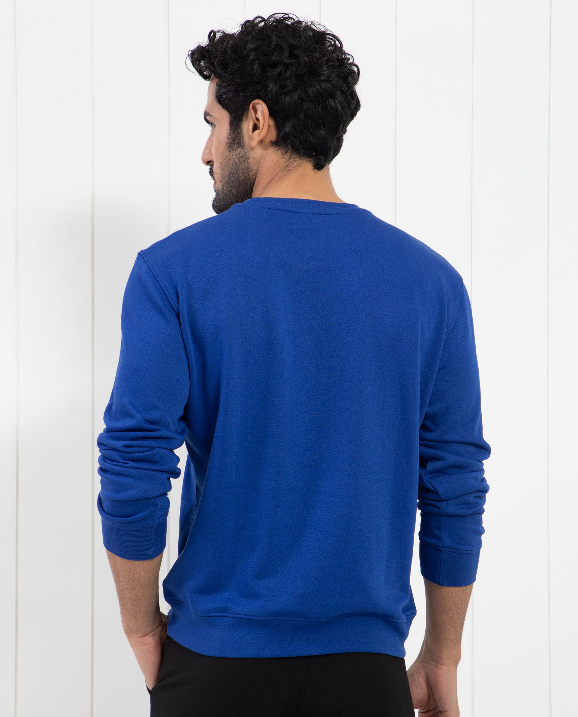 Rare Rabbit Men's Brewet Fluorescent Blue Cotton Polyester Fabric Full Sleeves Graphic Print Sweatshirt