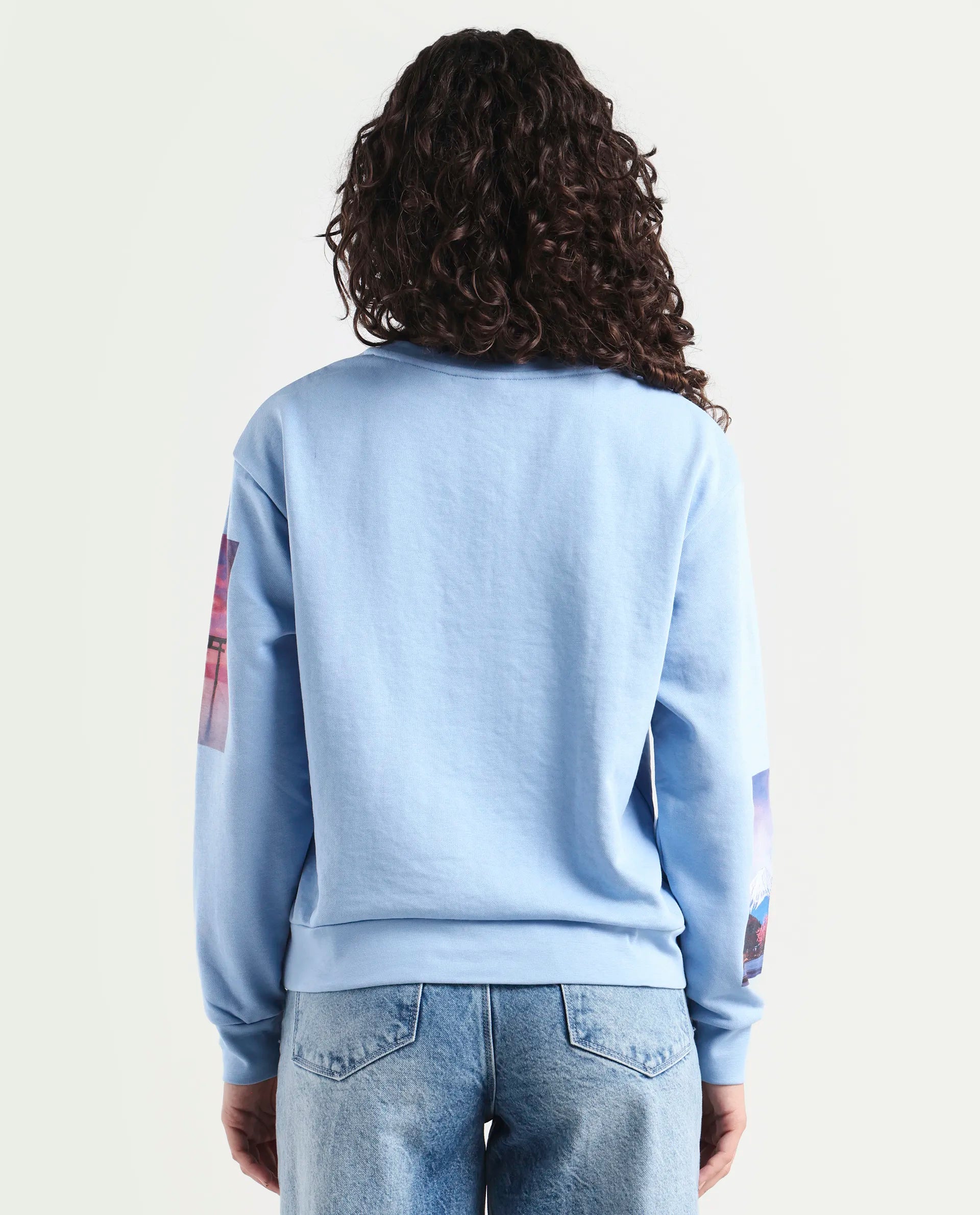 Rareism Women's Briske Light Blue Cotton Blend Crew Neck Graphic Print Relaxed Fit Sweatshirt