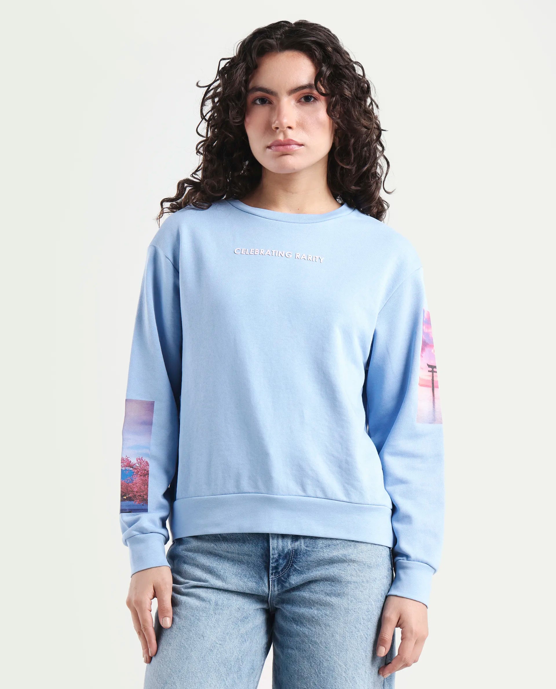 Rareism Women's Briske Light Blue Cotton Blend Crew Neck Graphic Print Relaxed Fit Sweatshirt