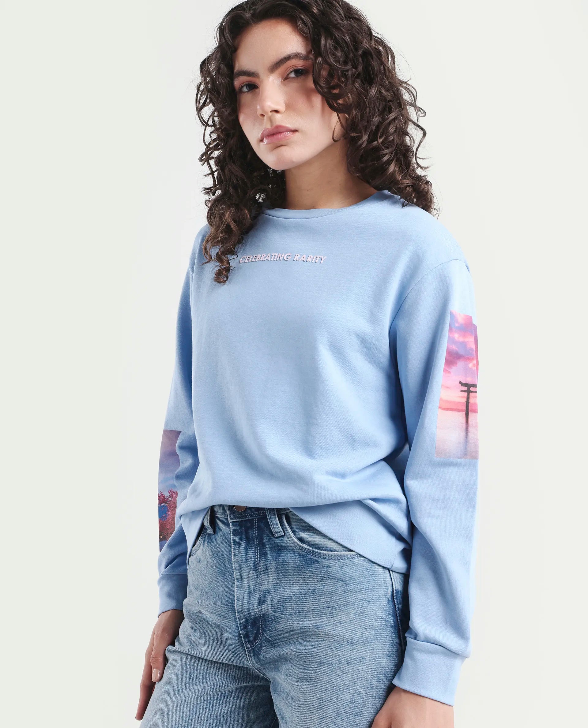 Rareism Women's Briske Light Blue Cotton Blend Crew Neck Graphic Print Relaxed Fit Sweatshirt