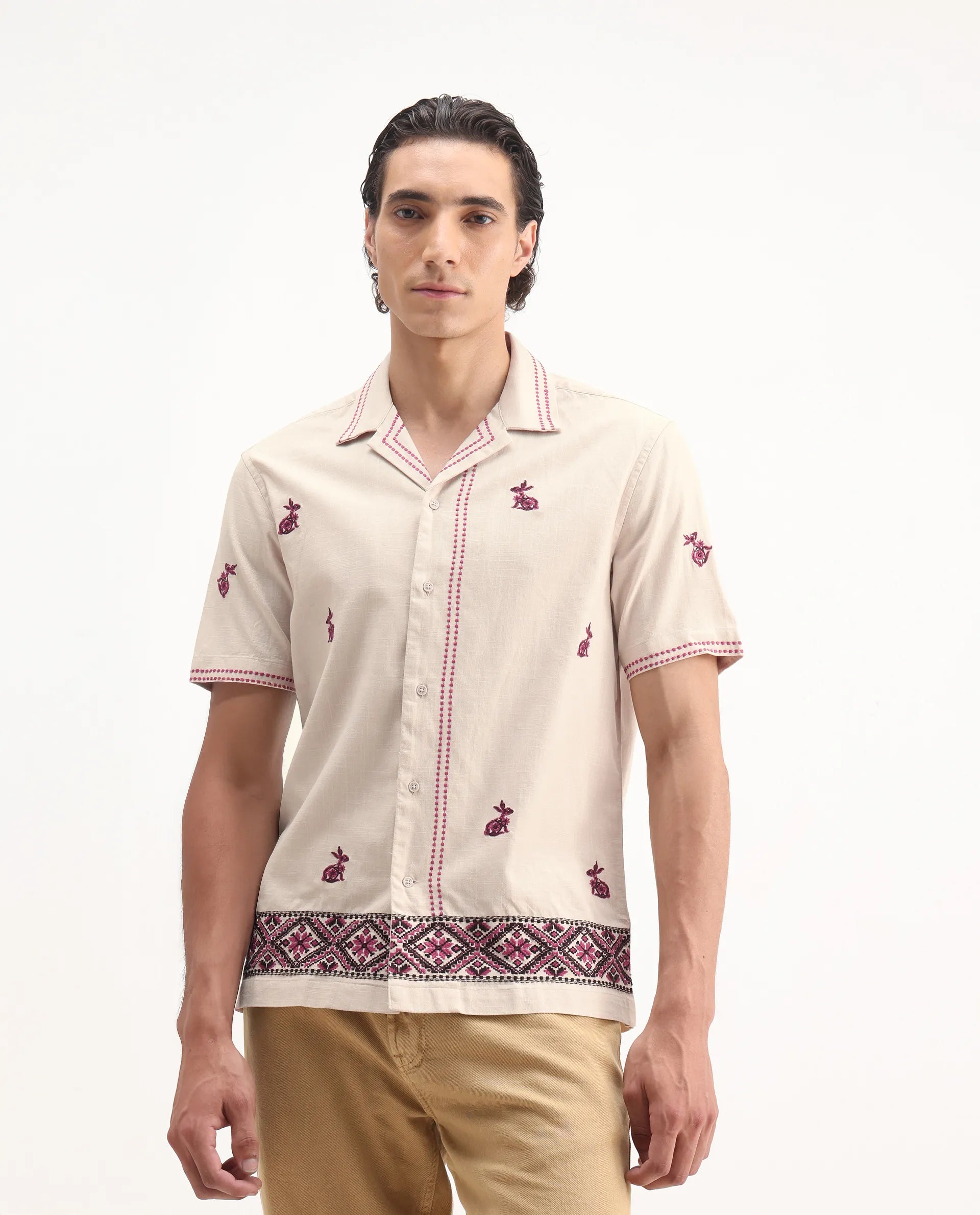 Rare Rabbit Men's Bris Off White Cotton Embroidered Boxy Fit Half Sleeve Cuban Collar Shirt