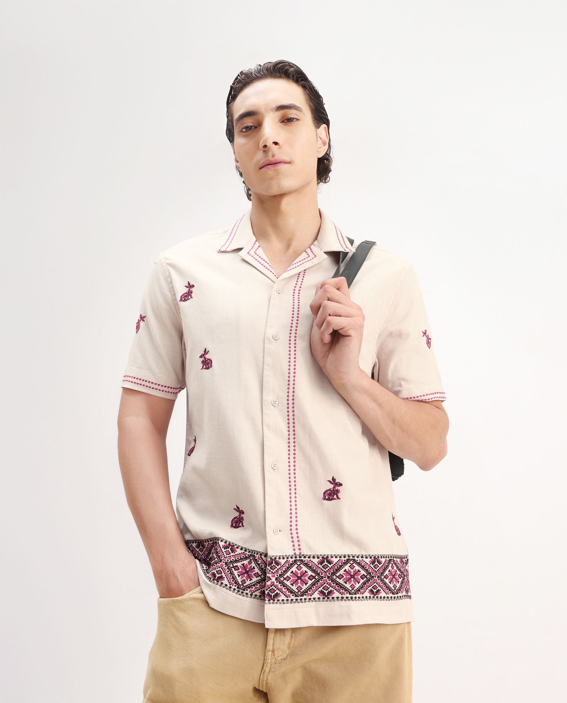 Rare Rabbit Men's Bris Off White Cotton Embroidered Boxy Fit Half Sleeve Cuban Collar Shirt