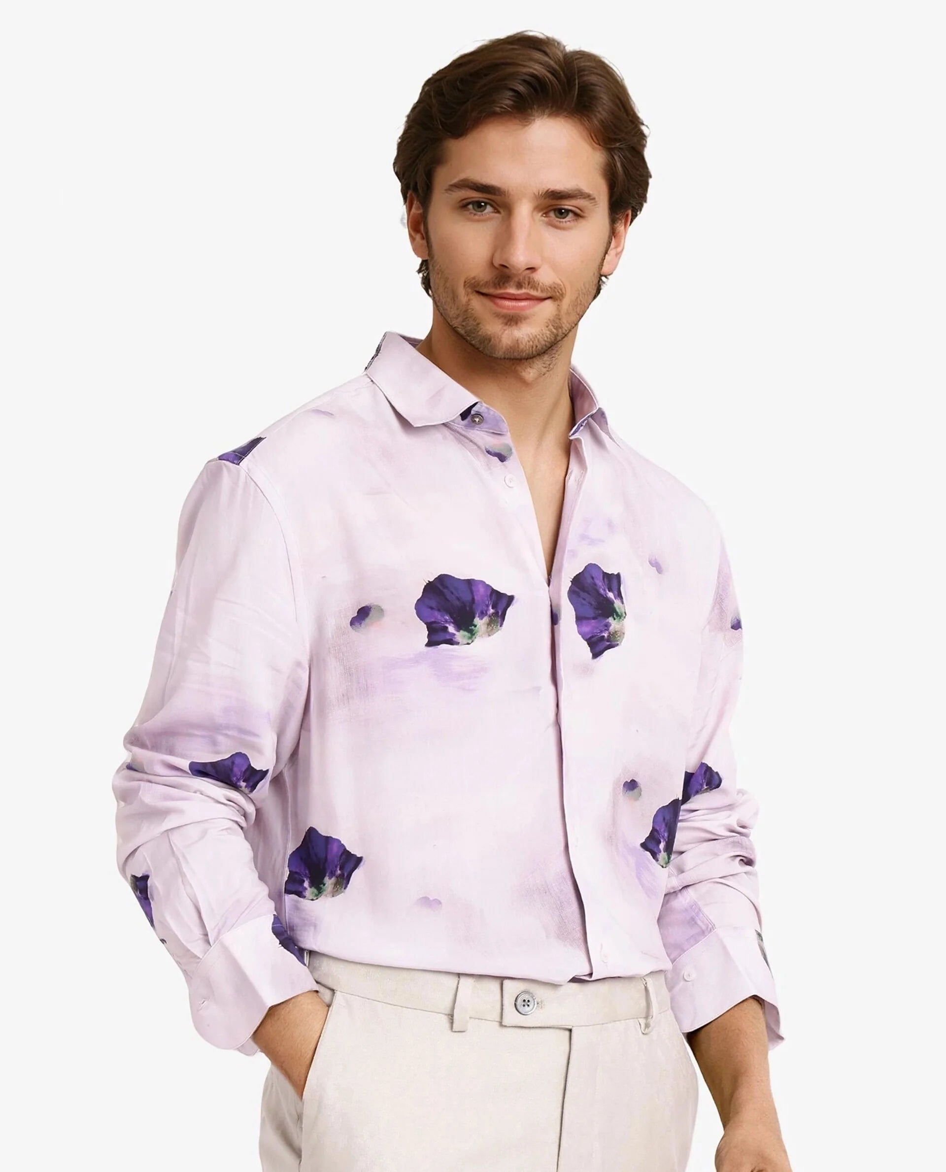 Rare Rabbit Men Brixo Pastel Purple Viscose Fabric Floral Print Regular Fit Shirt