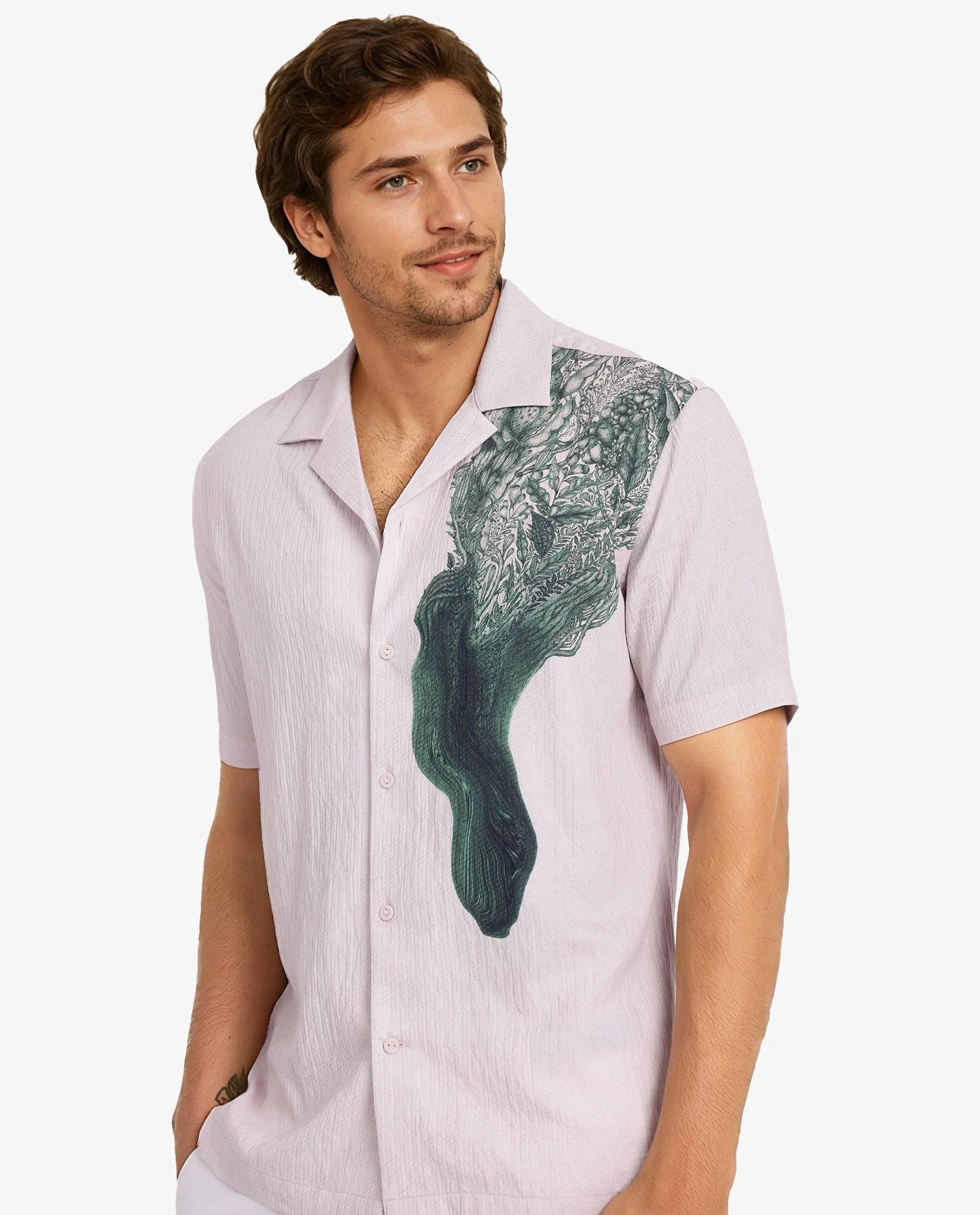 Rare Rabbit Men Brok Pastel Pink Short Sleeve Cuban Collared Boxy Fit Abstract Print Shirt