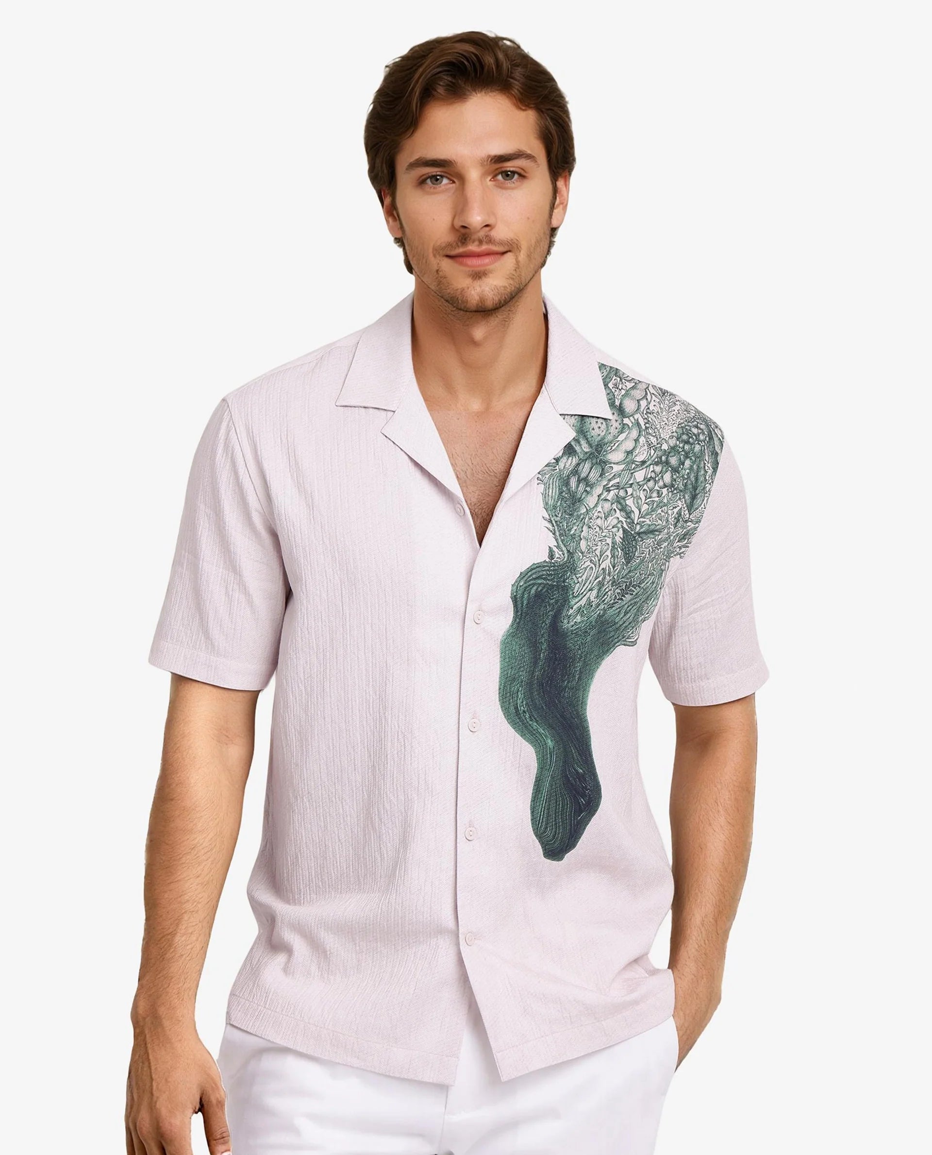 Rare Rabbit Men Brok Pastel Pink Short Sleeve Cuban Collared Boxy Fit Abstract Print Shirt