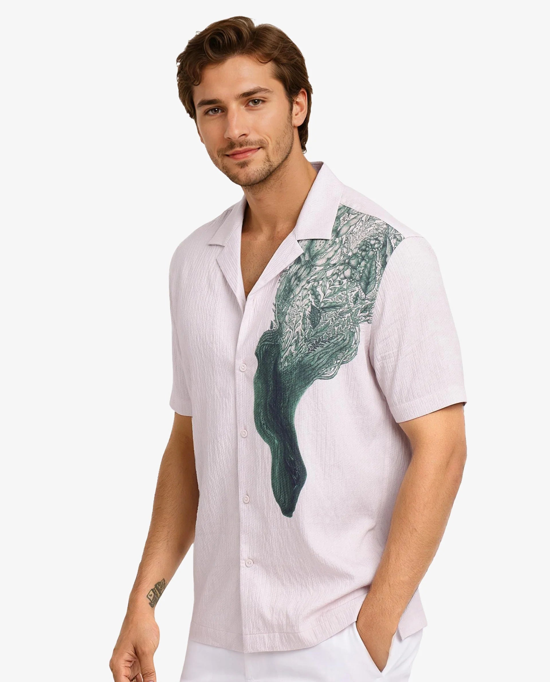 Rare Rabbit Men Brok Pastel Pink Short Sleeve Cuban Collared Boxy Fit Abstract Print Shirt