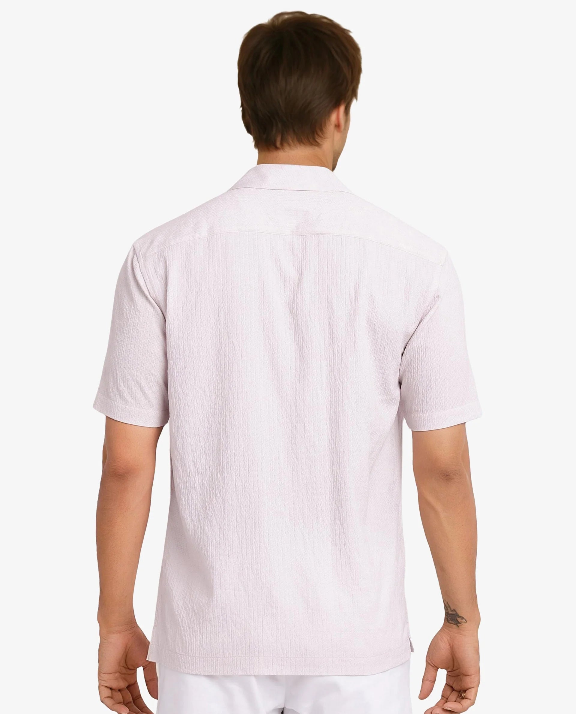 Rare Rabbit Men Brok Pastel Pink Short Sleeve Cuban Collared Boxy Fit Abstract Print Shirt