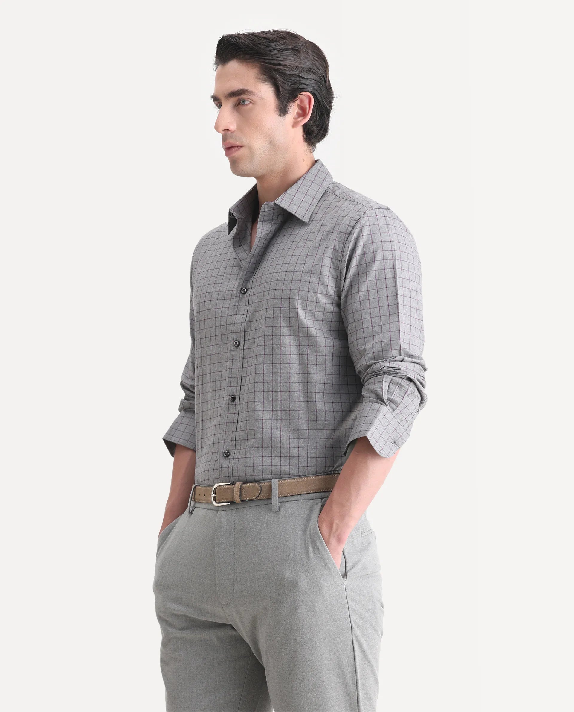 Rare Rabbit Men's Bronz Grey Cotton Checked Print Regular Fit Full Sleeve Collared Shirt